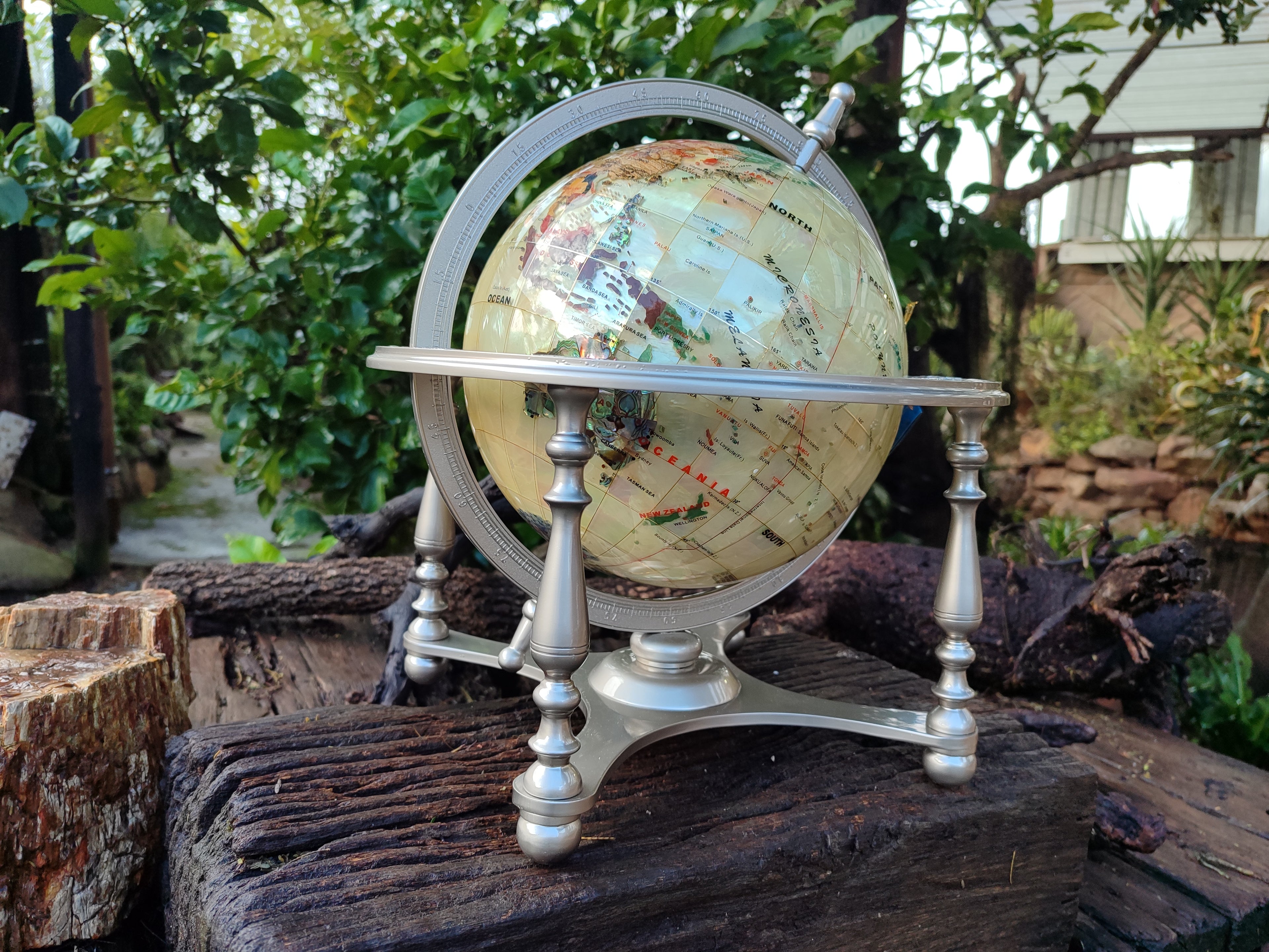 Hand Made Large Mother of Pearl Revolving World Globe with Metal Stand x 1 From China - Toprock Gemstones and Minerals 