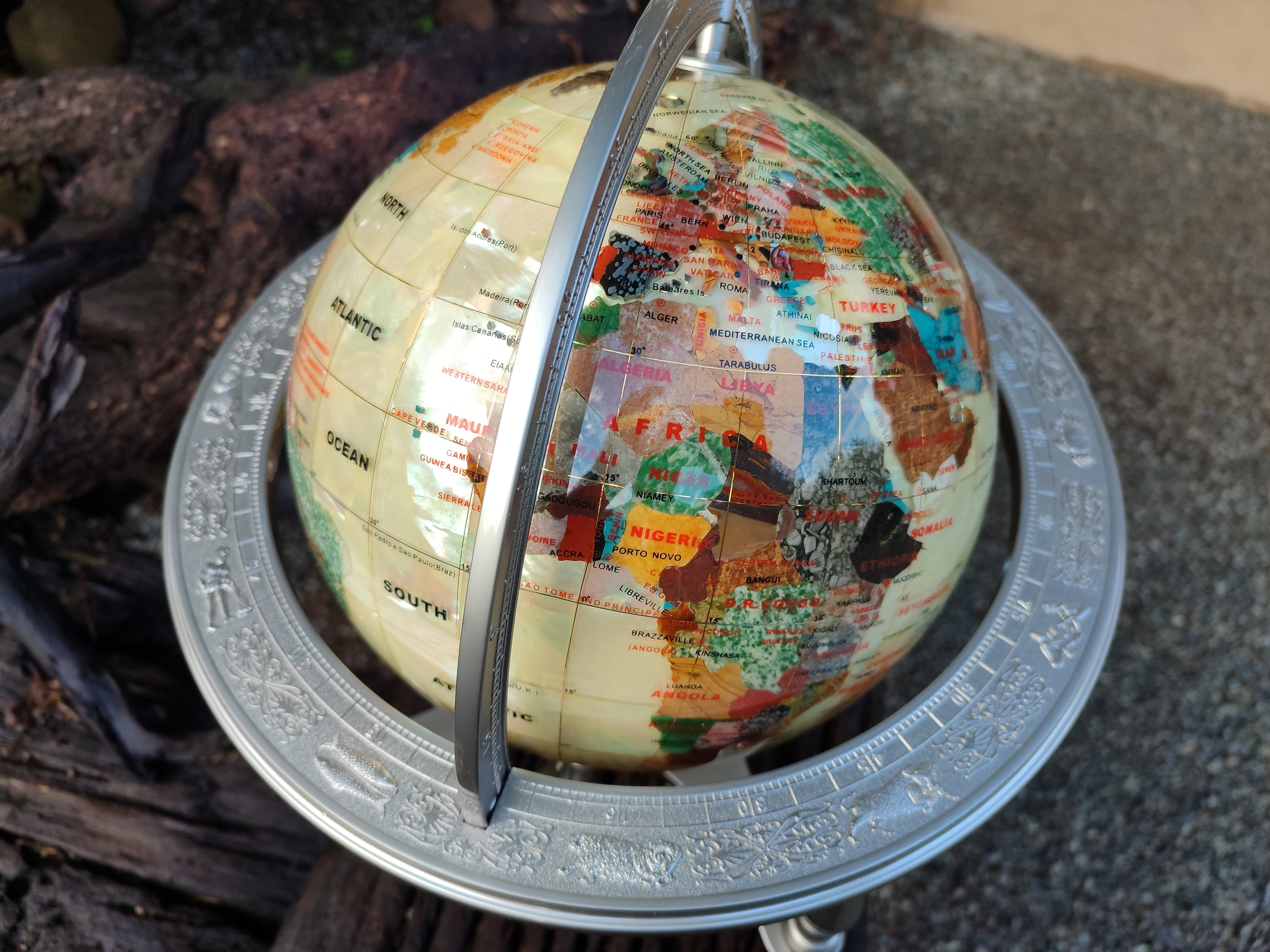 Hand Made Large Mother of Pearl Revolving World Globe with Metal Stand x 1 From China - Toprock Gemstones and Minerals 