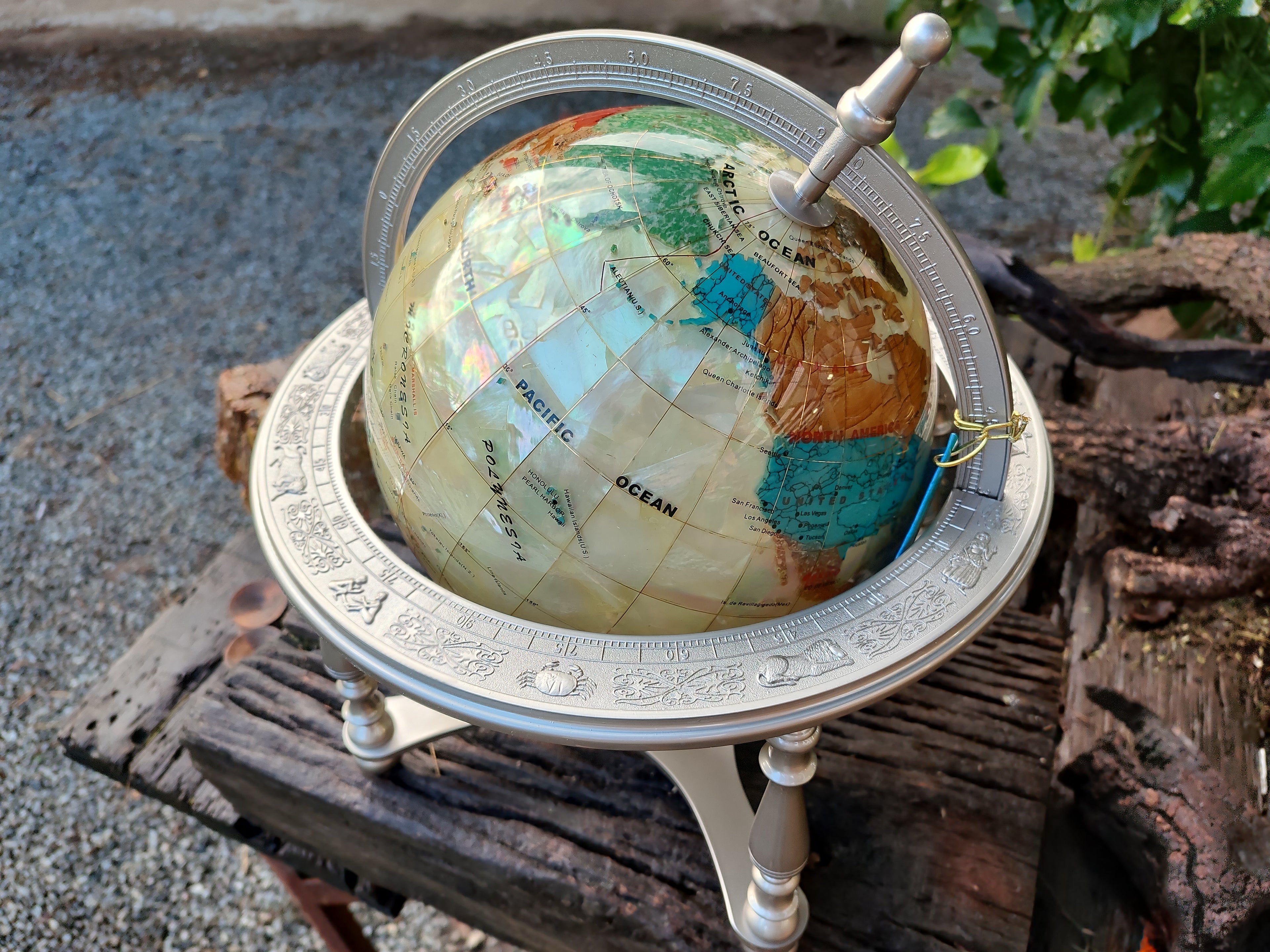 Hand Made Large Mother of Pearl Revolving World Globe with Metal Stand x 1 From China - Toprock Gemstones and Minerals 