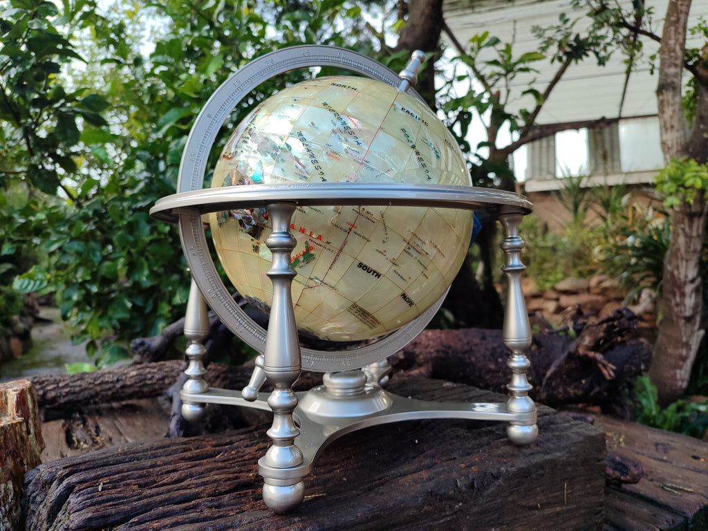 Hand Made Large Mother of Pearl Revolving World Globe with Metal Stand x 1 From China - Toprock Gemstones and Minerals 