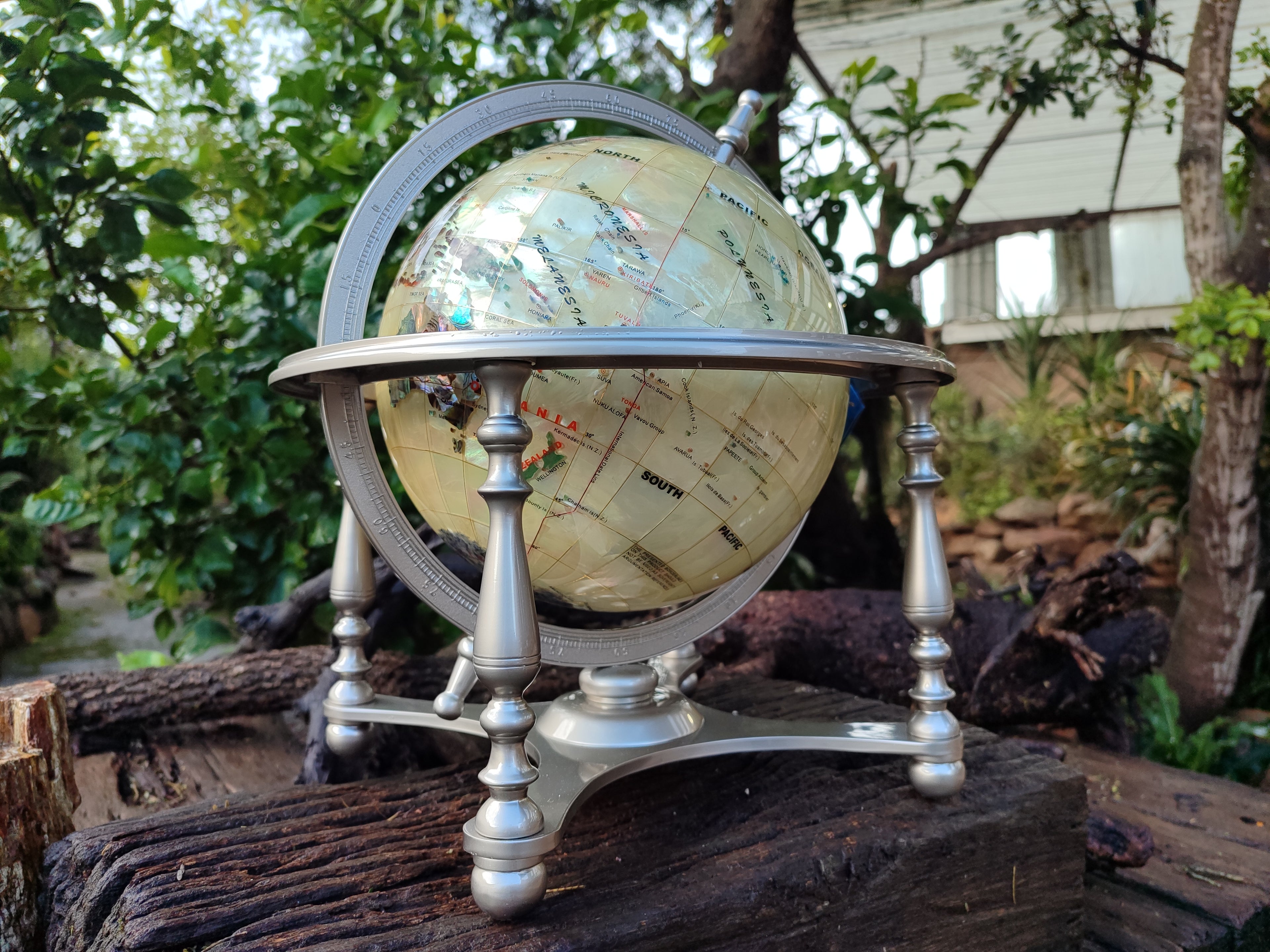 Hand Made Large Mother of Pearl Revolving World Globe with Metal Stand x 1 From China - Toprock Gemstones and Minerals 