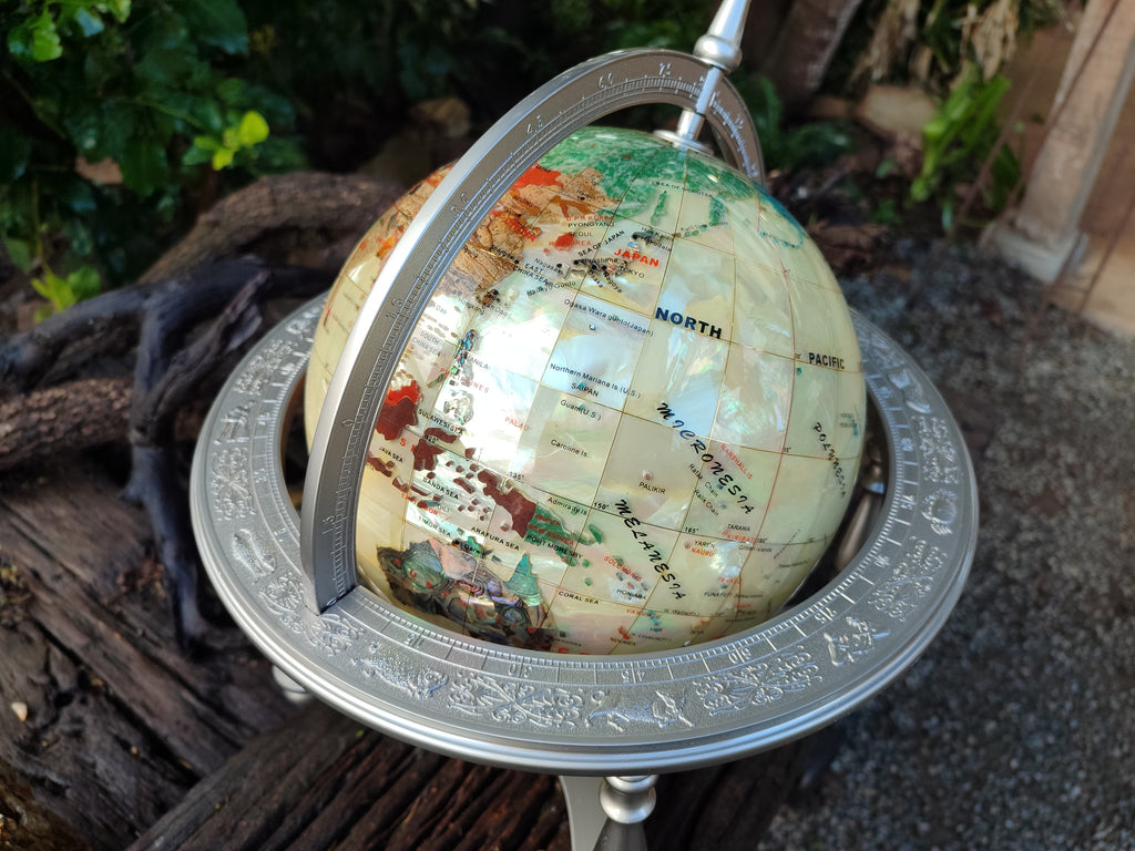 Hand Made Large Mother of Pearl Revolving World Globe with Metal Stand x 1 From China - Toprock Gemstones and Minerals 