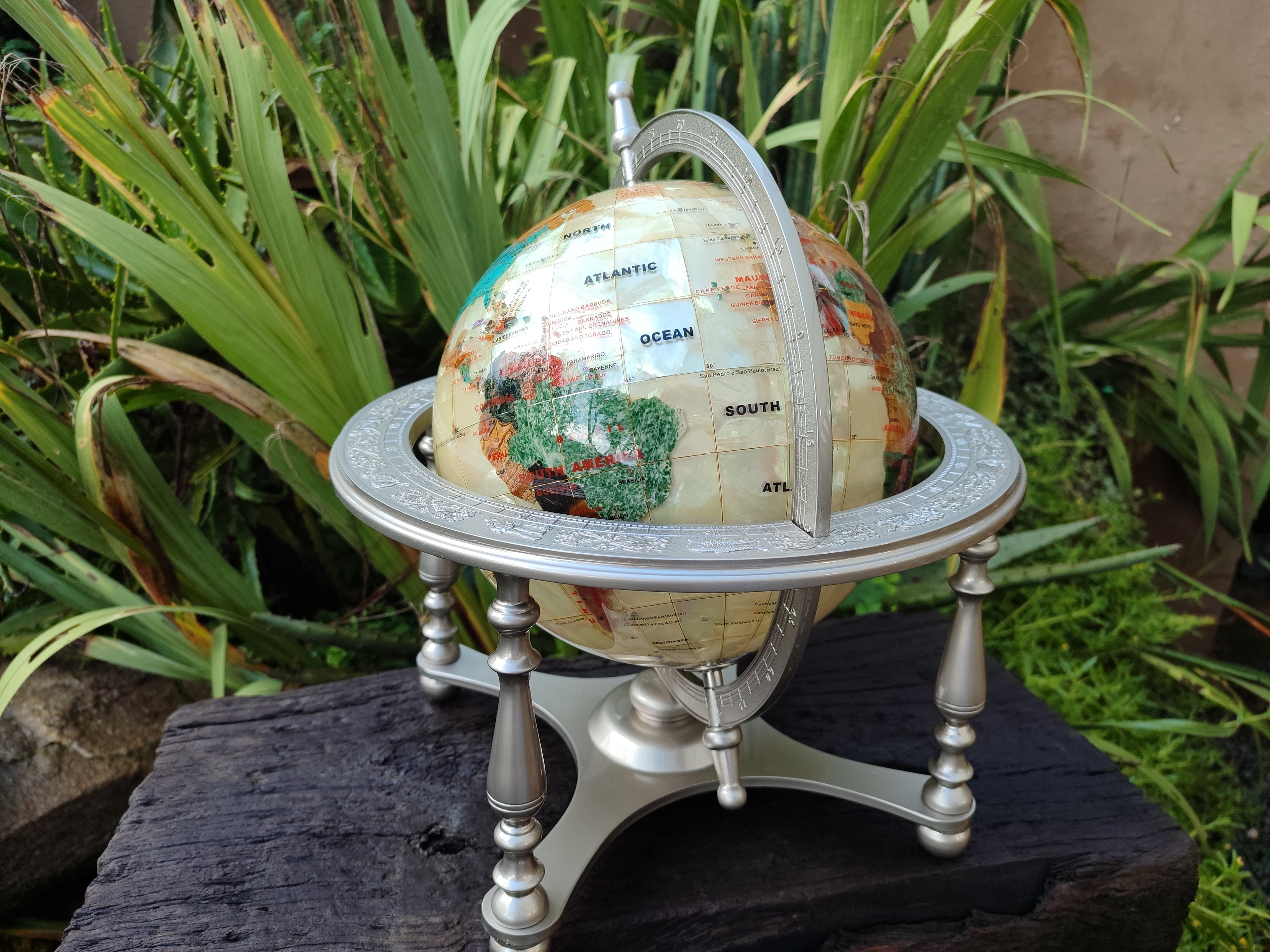 Hand Made Large Mother of Pearl Revolving World Globe with Metal Stand x 1 From China - Toprock Gemstones and Minerals 