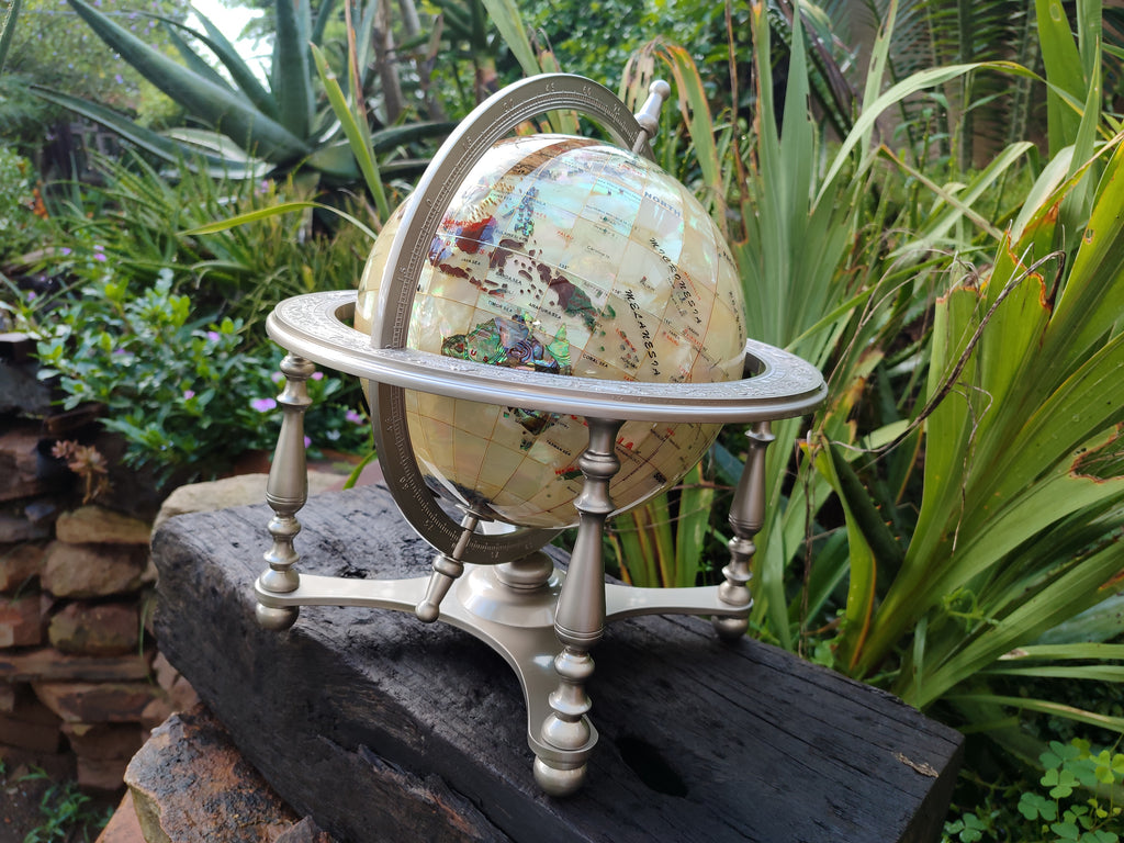 Hand Made Large Mother of Pearl Revolving World Globe with Metal Stand x 1 From China - Toprock Gemstones and Minerals 
