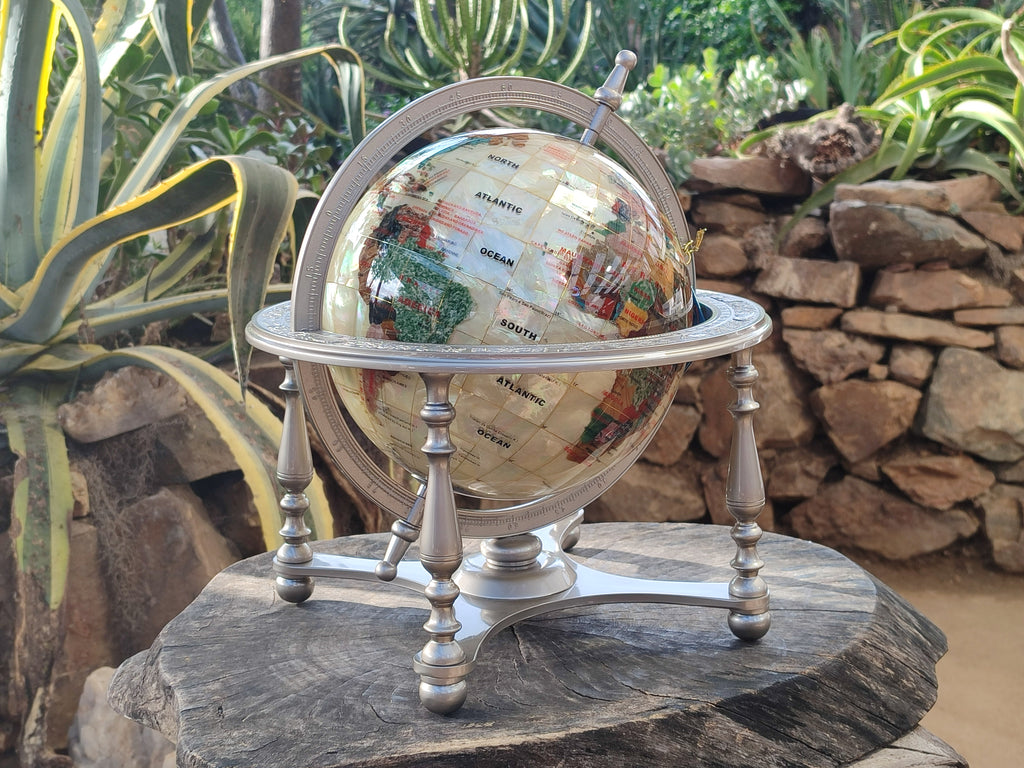 Hand Made Large Mother of Pearl Revolving World Globe with Metal Stand x 1 From China - Toprock Gemstones and Minerals 