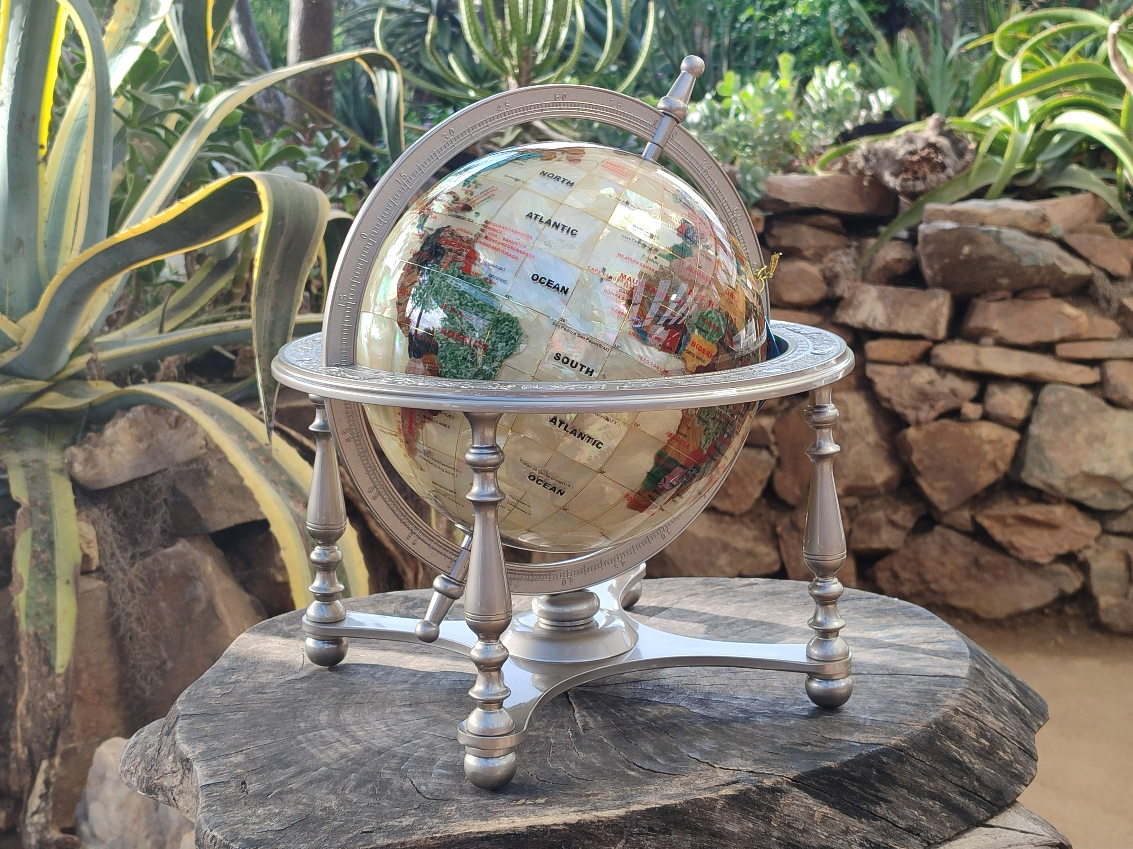 Hand Made Large Mother of Pearl Revolving World Globe with Metal Stand x 1 From China - Toprock Gemstones and Minerals 