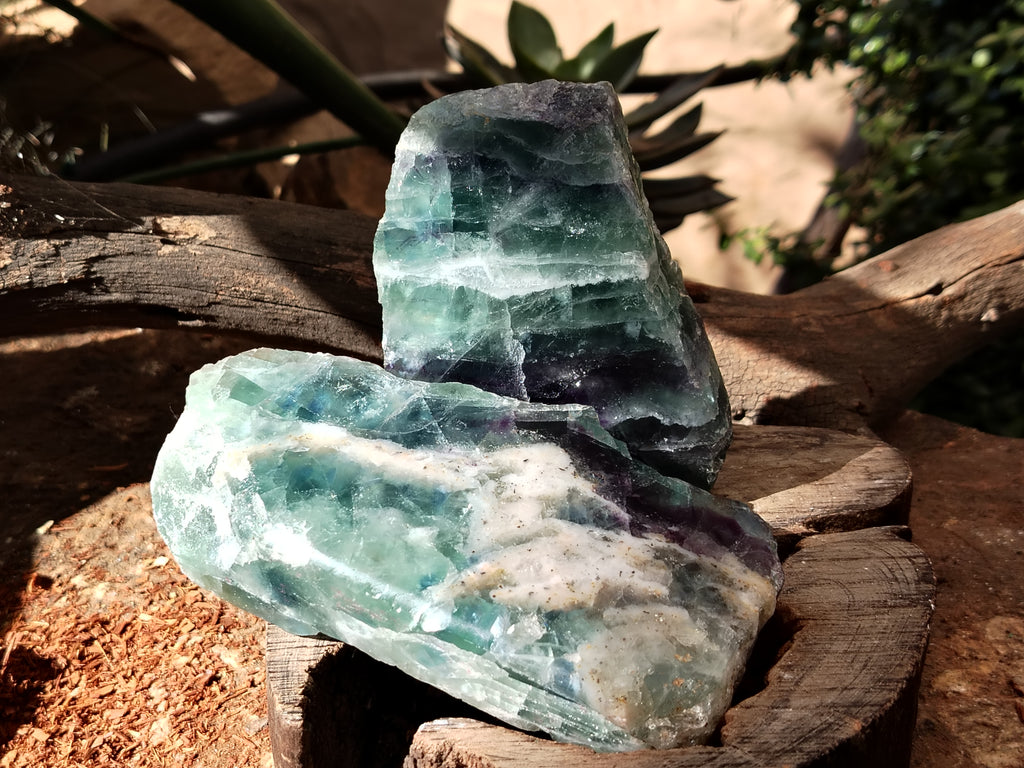 Polished On One Side Watermelon Fluorite Specimens x 3 From Uis, Namibia - Toprock Gemstones and Minerals 