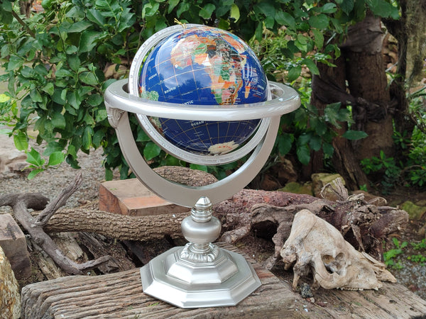 Hand Made Giant Mixed Gemstone Revolving World Globe with Metal Stand x 1 From China