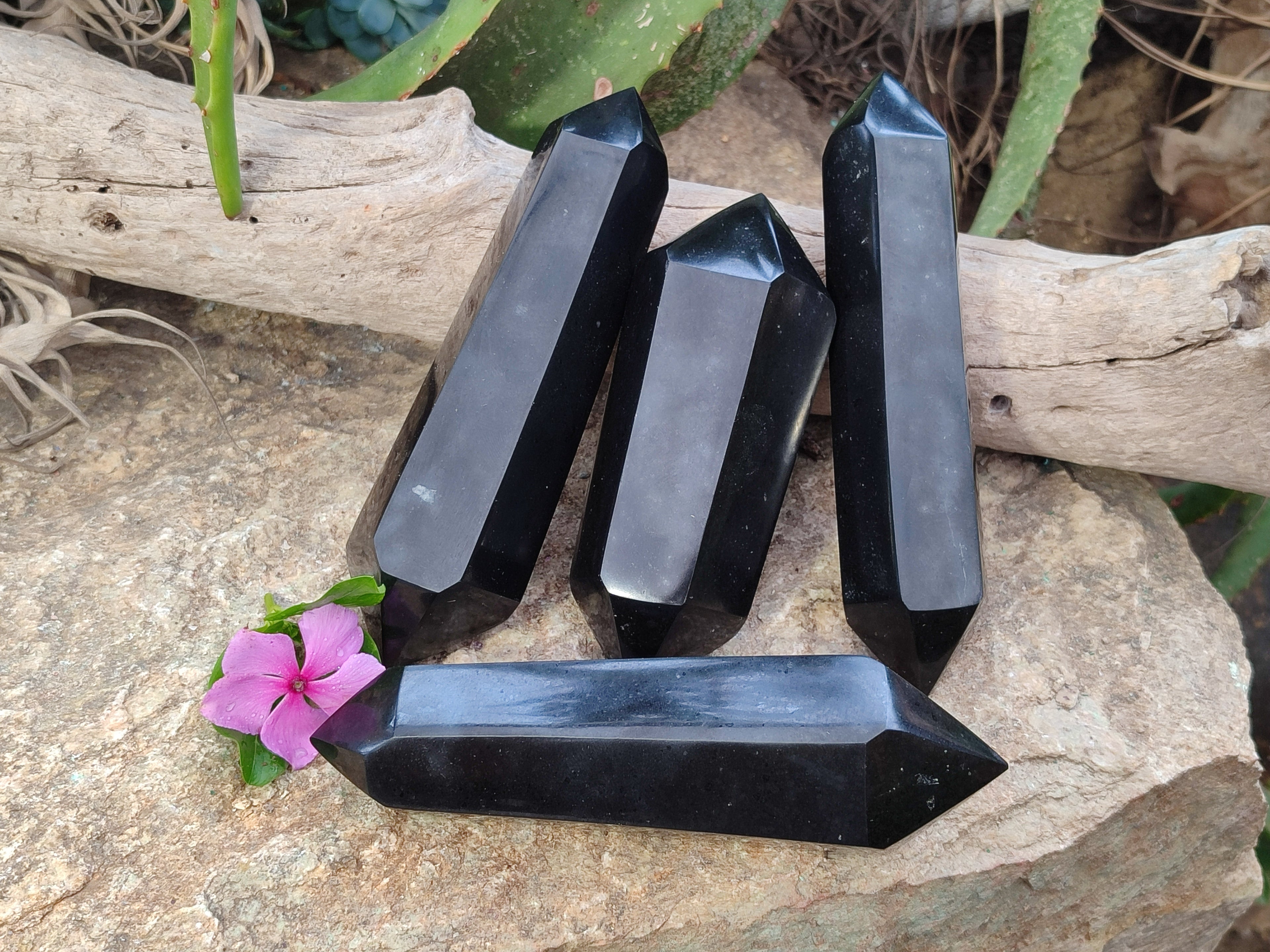 Polished Black Basalt Double Terminated Points x 4 From Antsirabe, Madagascar - Toprock Gemstones and Minerals 