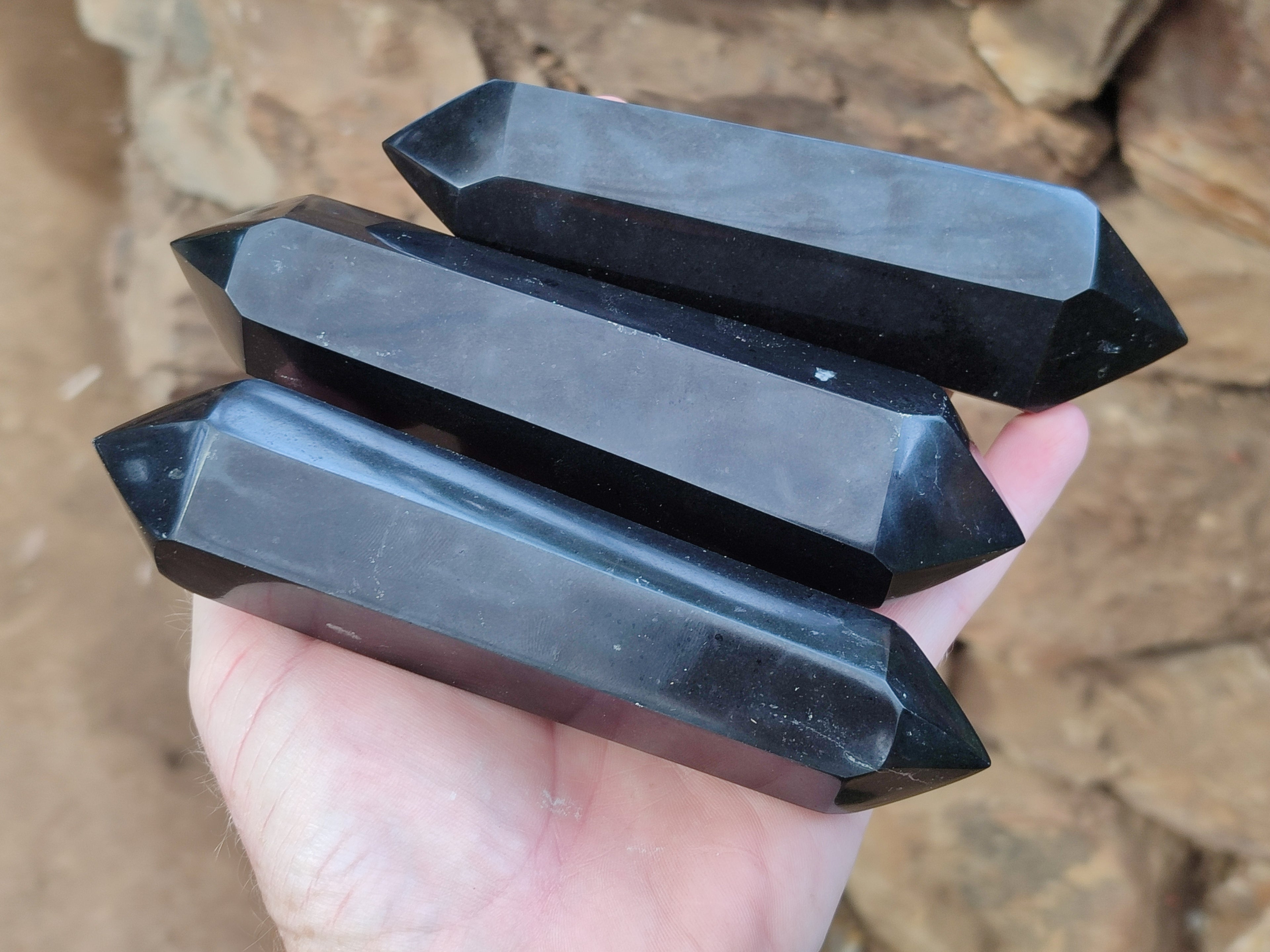 Polished Black Basalt Double Terminated Points x 4 From Antsirabe, Madagascar - Toprock Gemstones and Minerals 