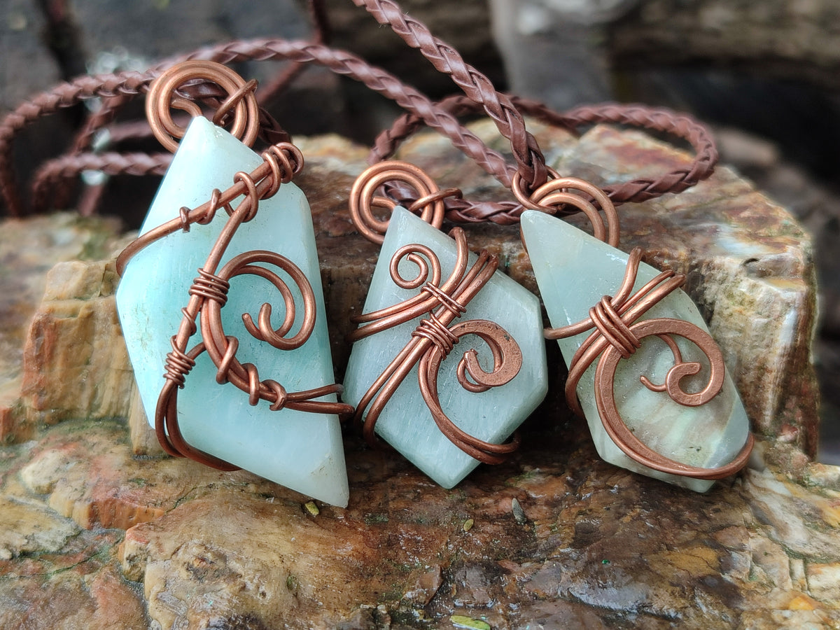 Polished Copper Wire Wrapped Blue Smithsonite Jewellery Pendants x 6 From Congo - Toprock Gemstones and Minerals 