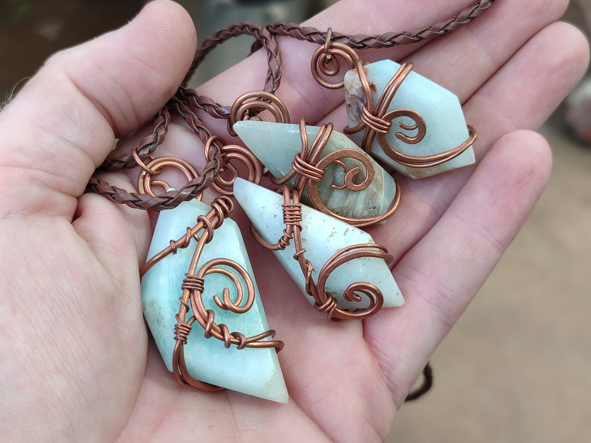 Polished Copper Wire Wrapped Blue Smithsonite Jewellery Pendants x 6 From Congo - Toprock Gemstones and Minerals 