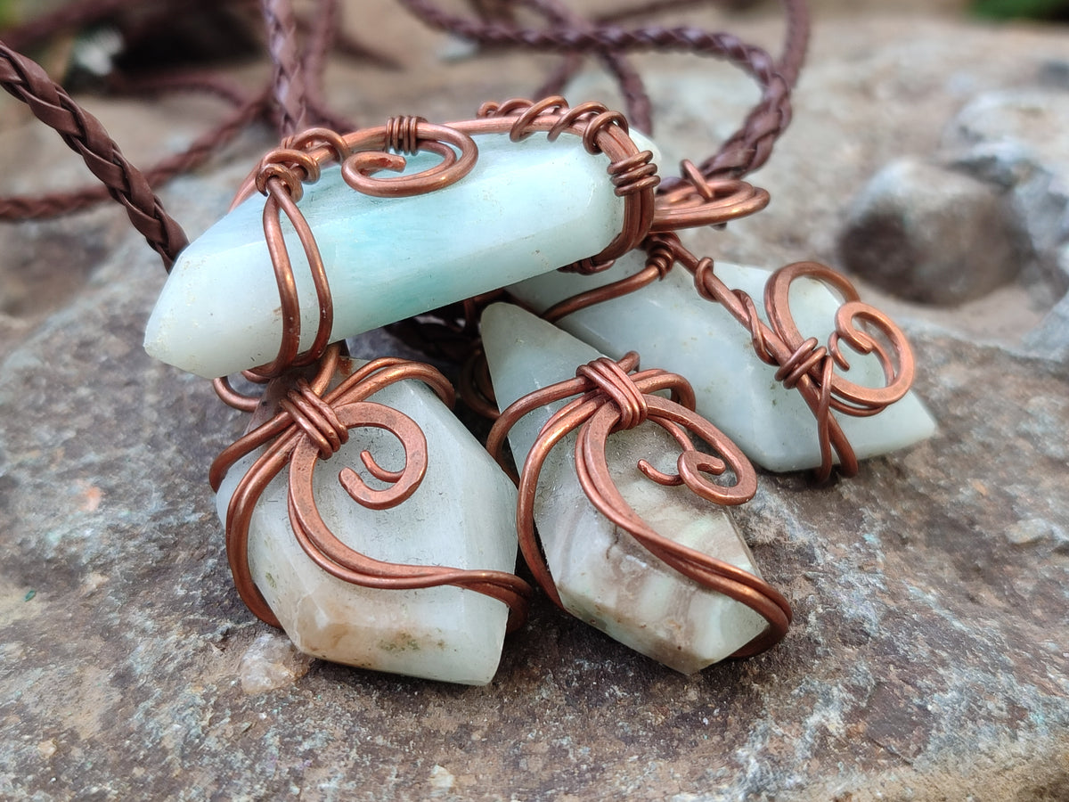 Polished Copper Wire Wrapped Blue Smithsonite Jewellery Pendants x 6 From Congo - Toprock Gemstones and Minerals 
