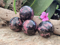Polished Rhodonite Spheres x 4 From Rhusinga, Zimbabwe