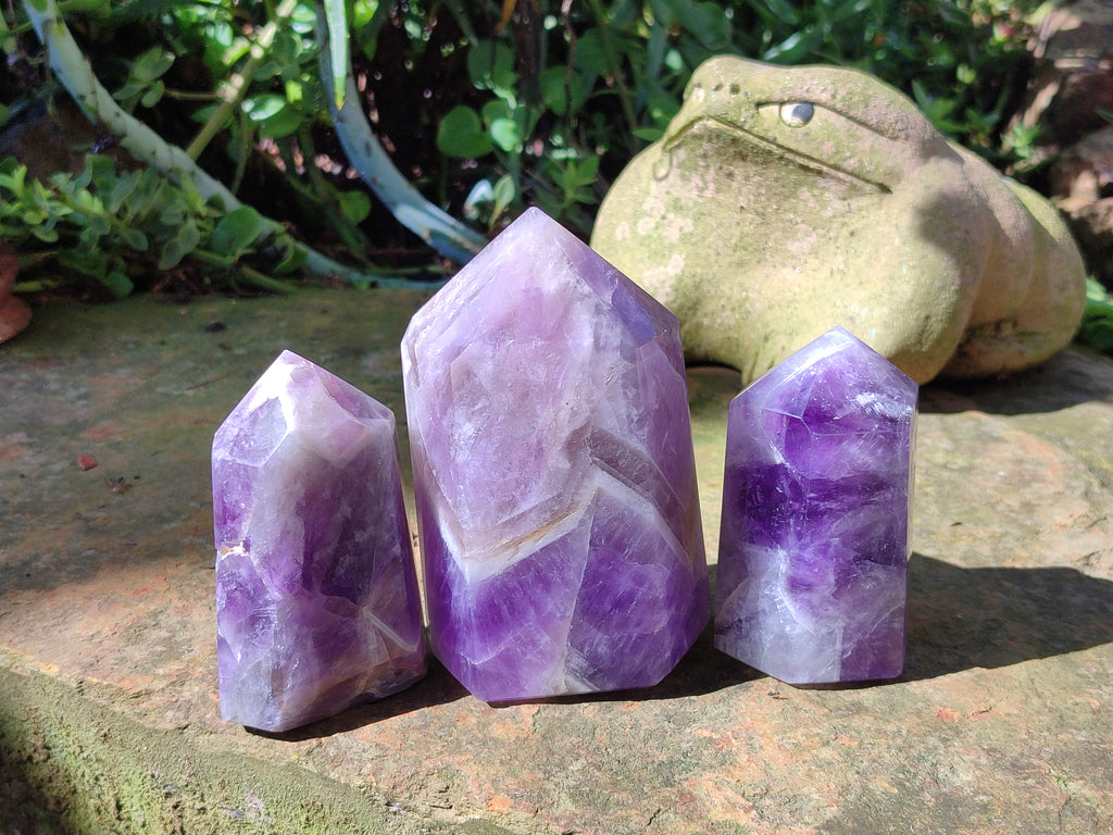 Polished Smokey Chevron Amethyst Points x 3 From Madagascar - Toprock Gemstones and Minerals 