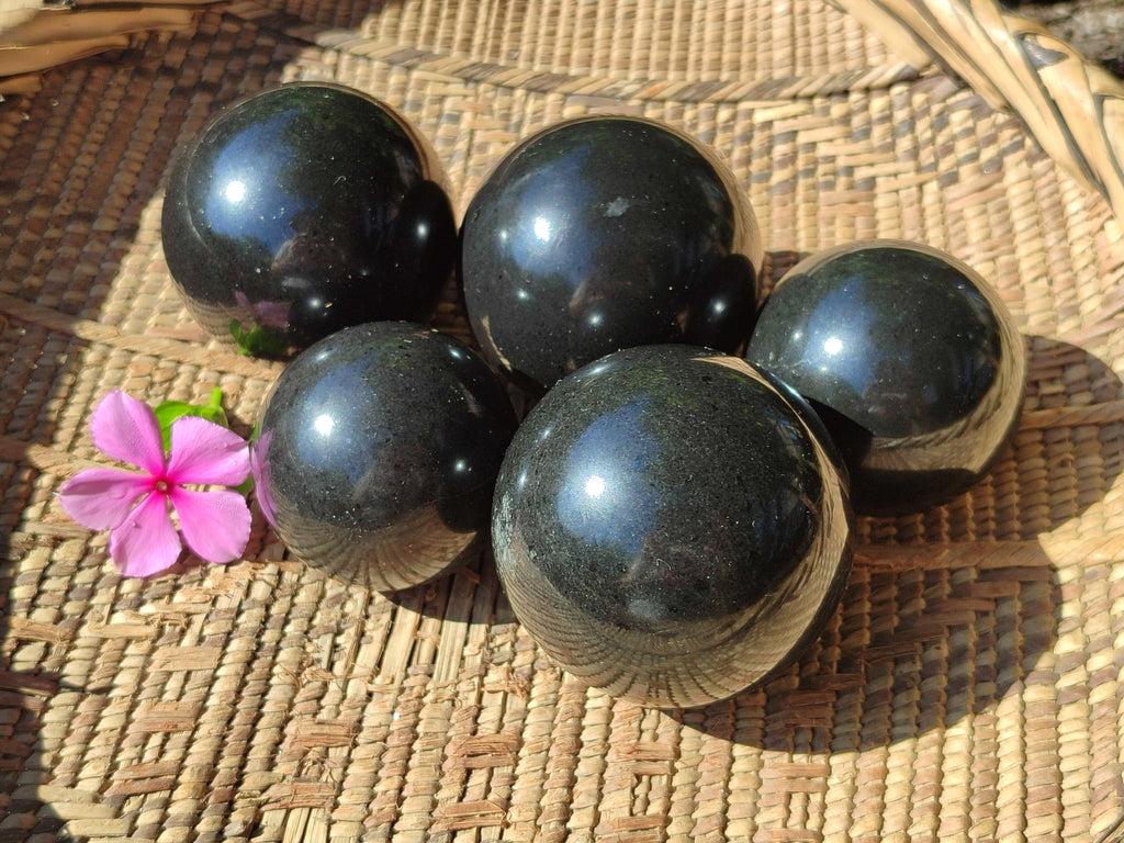 Polished Black Basalt Spheres x 5 From Antsirabe, Madagascar - Toprock Gemstones and Minerals 