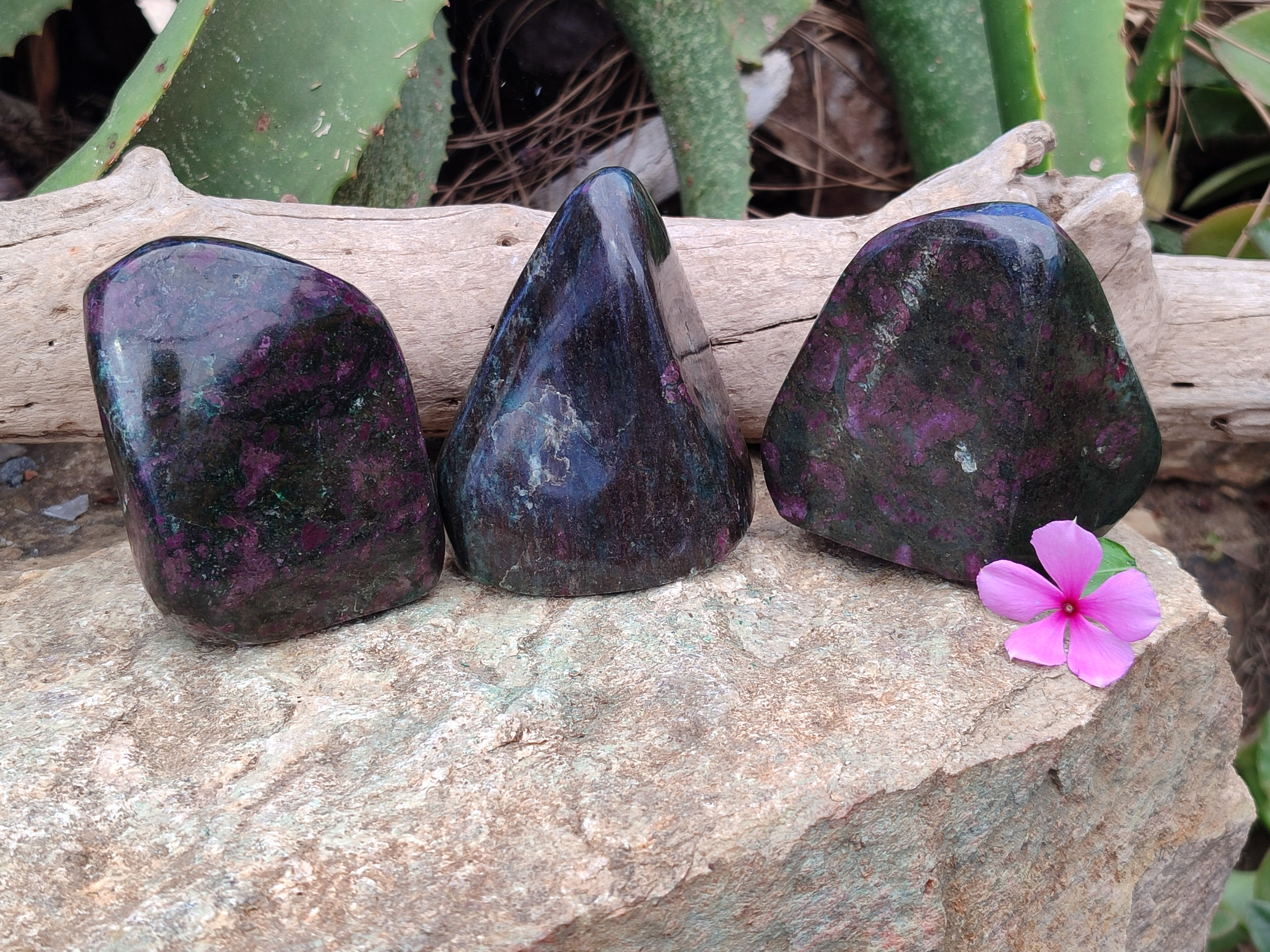 Polished Ruby Corundum In Chrome Verdite Standing Free Forms x 3 From Zimbabwe - Toprock Gemstones and Minerals 