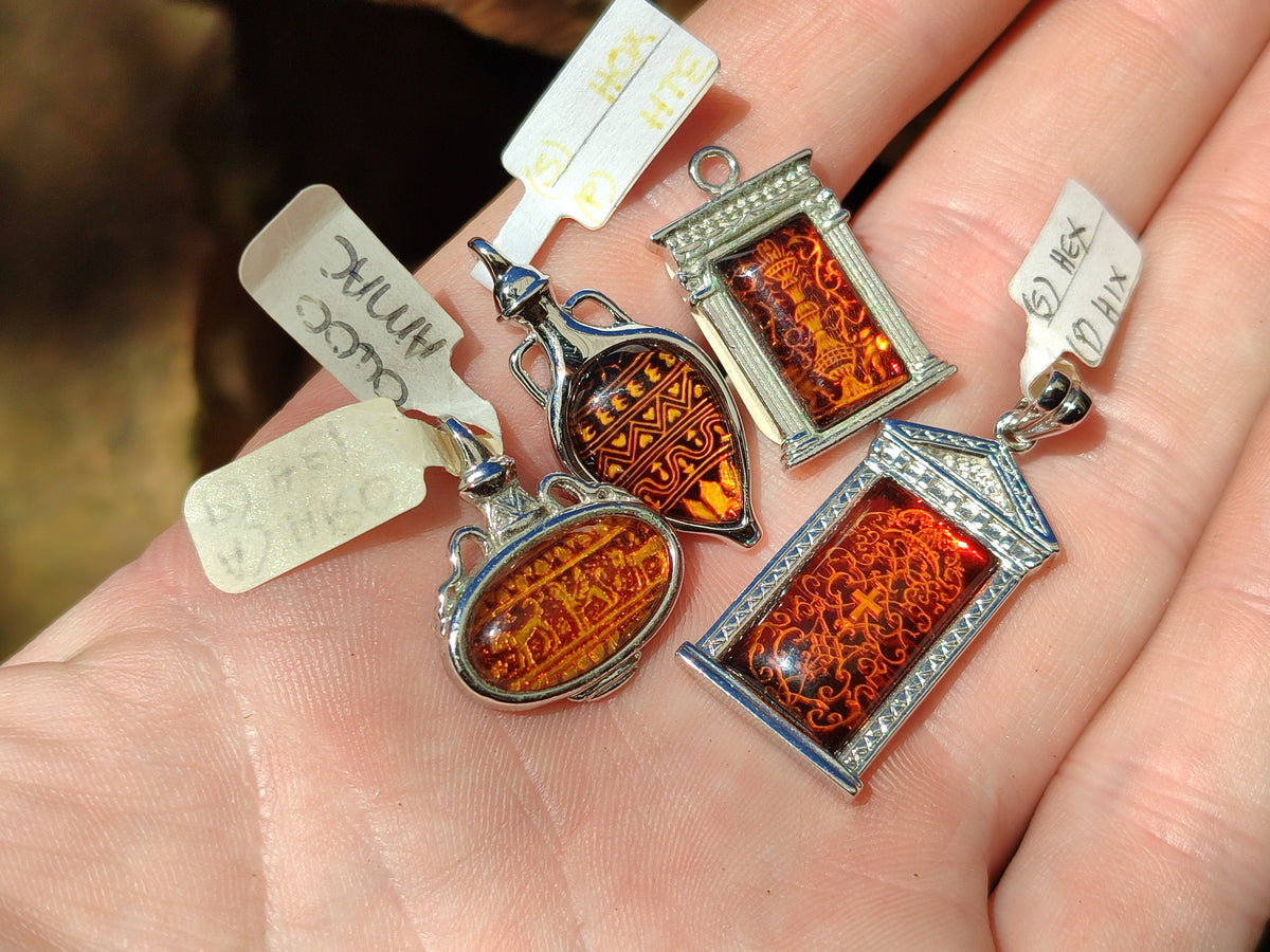 Polished Mixed Baltic Amber Pendants on Sterling Silver x 4 From Poland - Toprock Gemstones and Minerals 