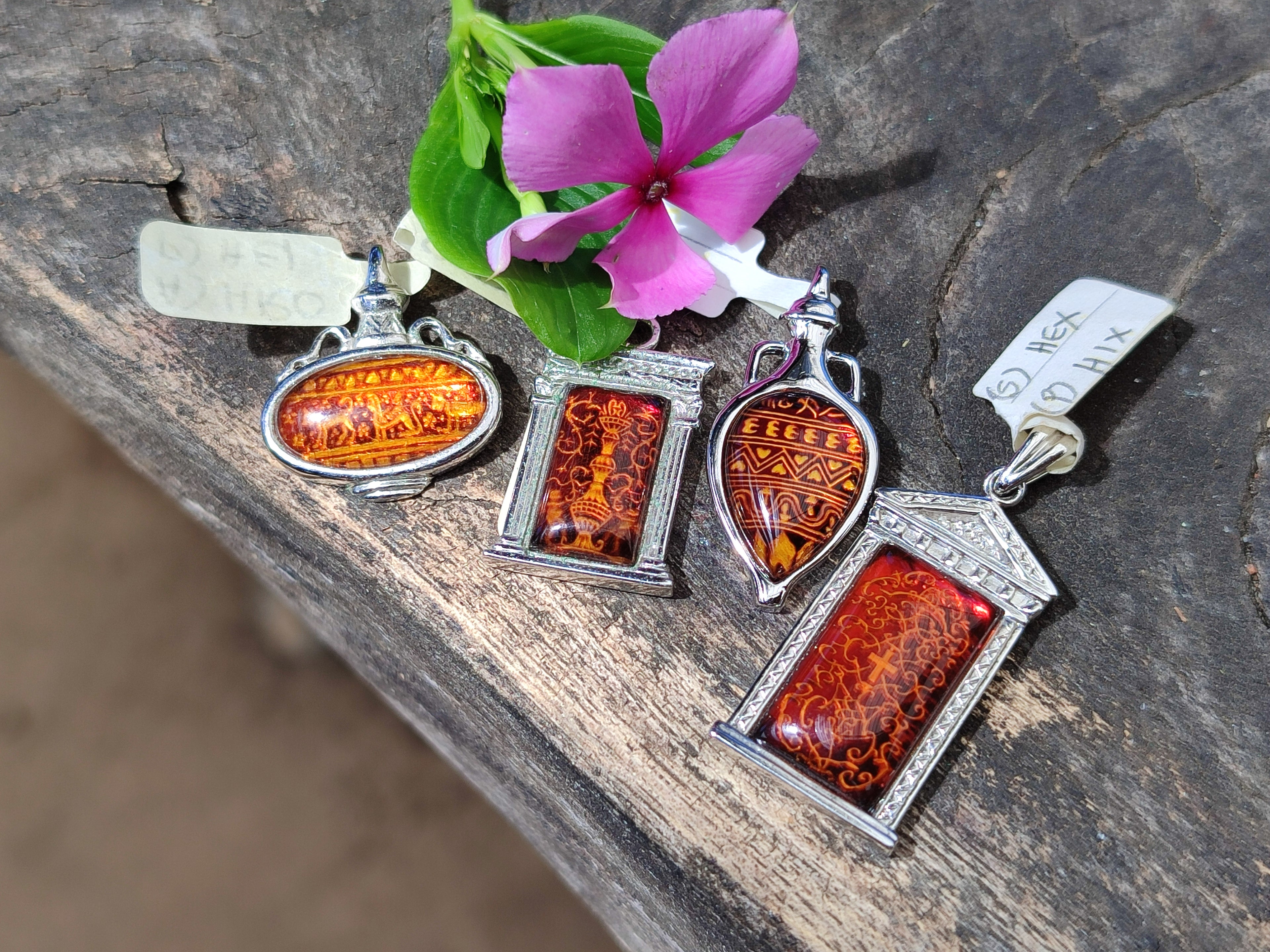 Polished Mixed Baltic Amber Pendants on Sterling Silver x 4 From Poland - Toprock Gemstones and Minerals 