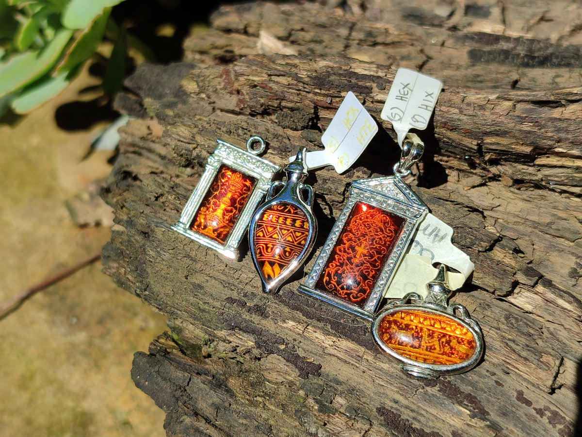 Polished Mixed Baltic Amber Pendants on Sterling Silver x 4 From Poland - Toprock Gemstones and Minerals 