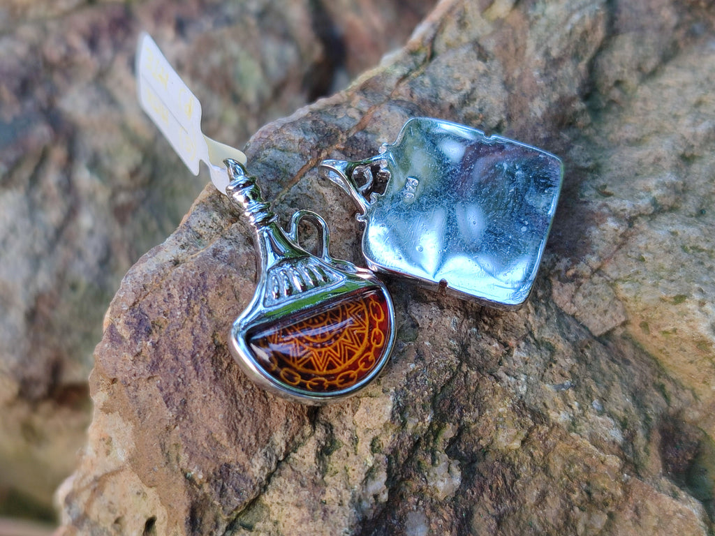 Polished Mixed Baltic Amber Pendants on Sterling Silver x 4 From Poland - Toprock Gemstones and Minerals 
