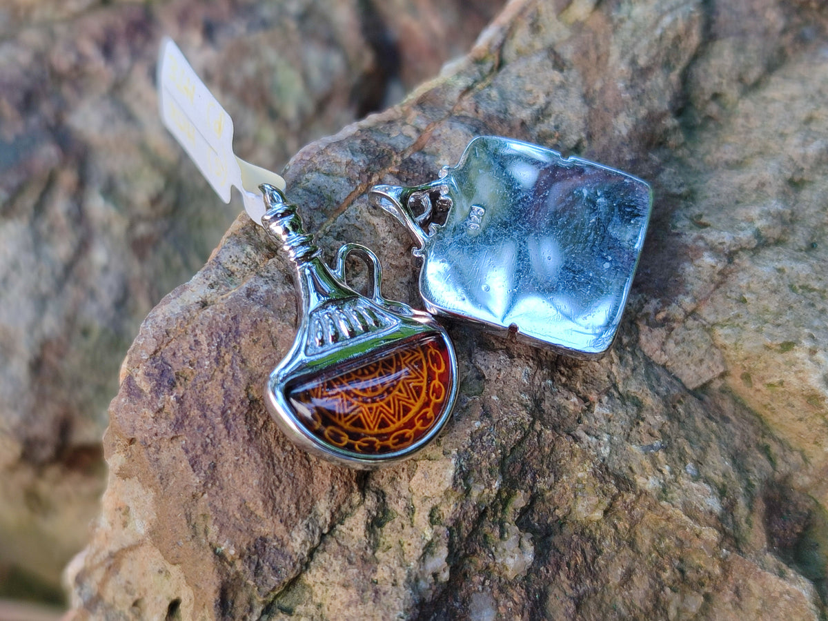 Polished Mixed Baltic Amber Pendants on Sterling Silver x 4 From Poland - Toprock Gemstones and Minerals 