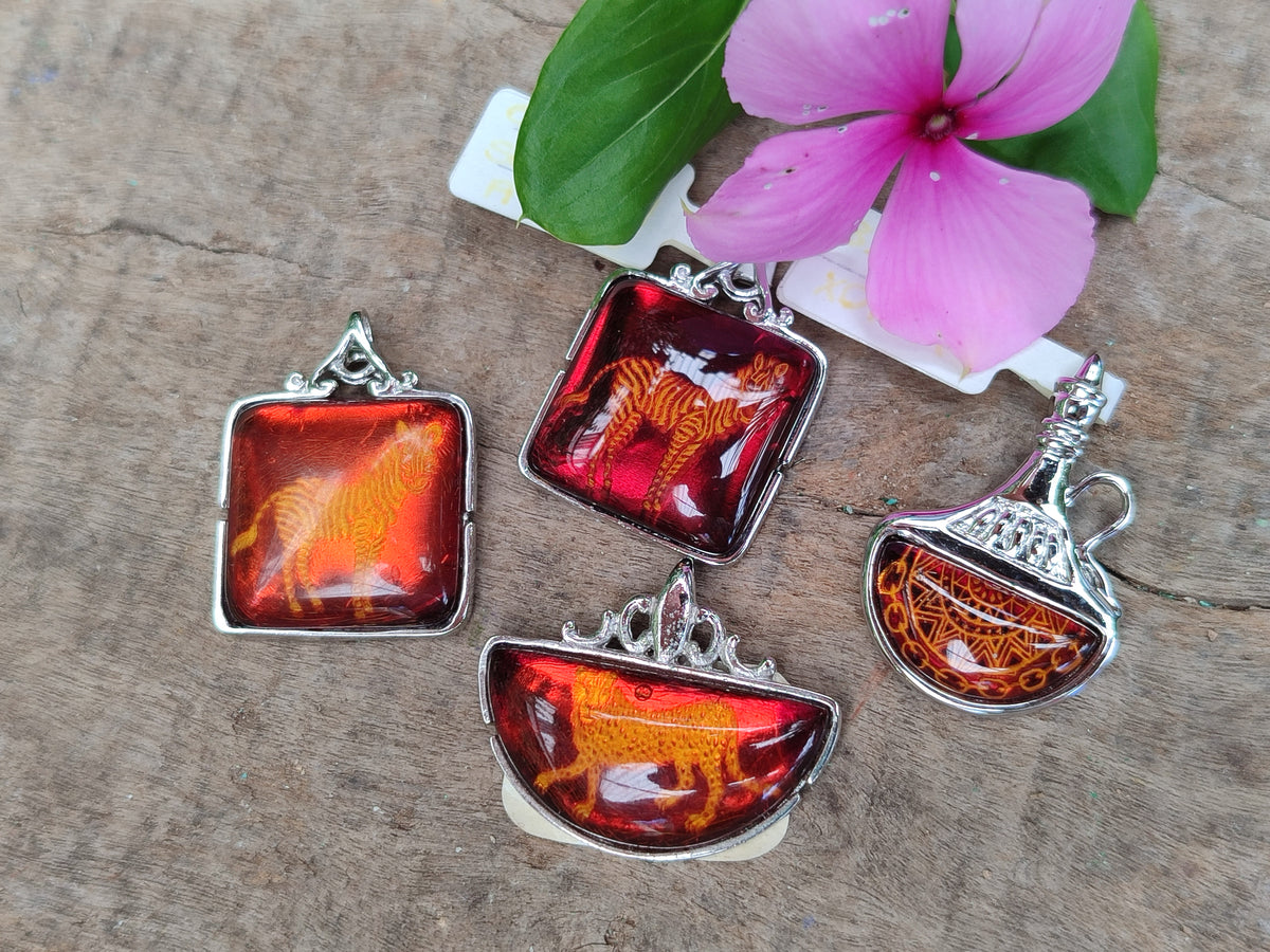 Polished Mixed Baltic Amber Pendants on Sterling Silver x 4 From Poland - Toprock Gemstones and Minerals 