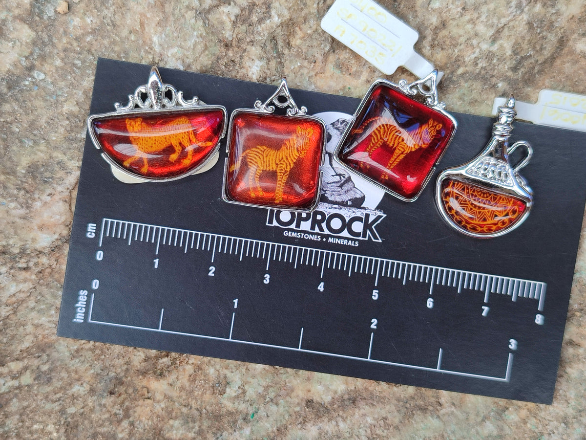 Polished Mixed Baltic Amber Pendants on Sterling Silver x 4 From Poland - Toprock Gemstones and Minerals 