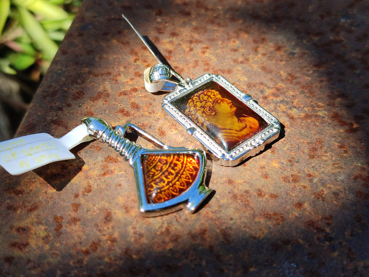 Polished Mixed Baltic Amber Pendants on Sterling Silver x 3 From Poland - Toprock Gemstones and Minerals 
