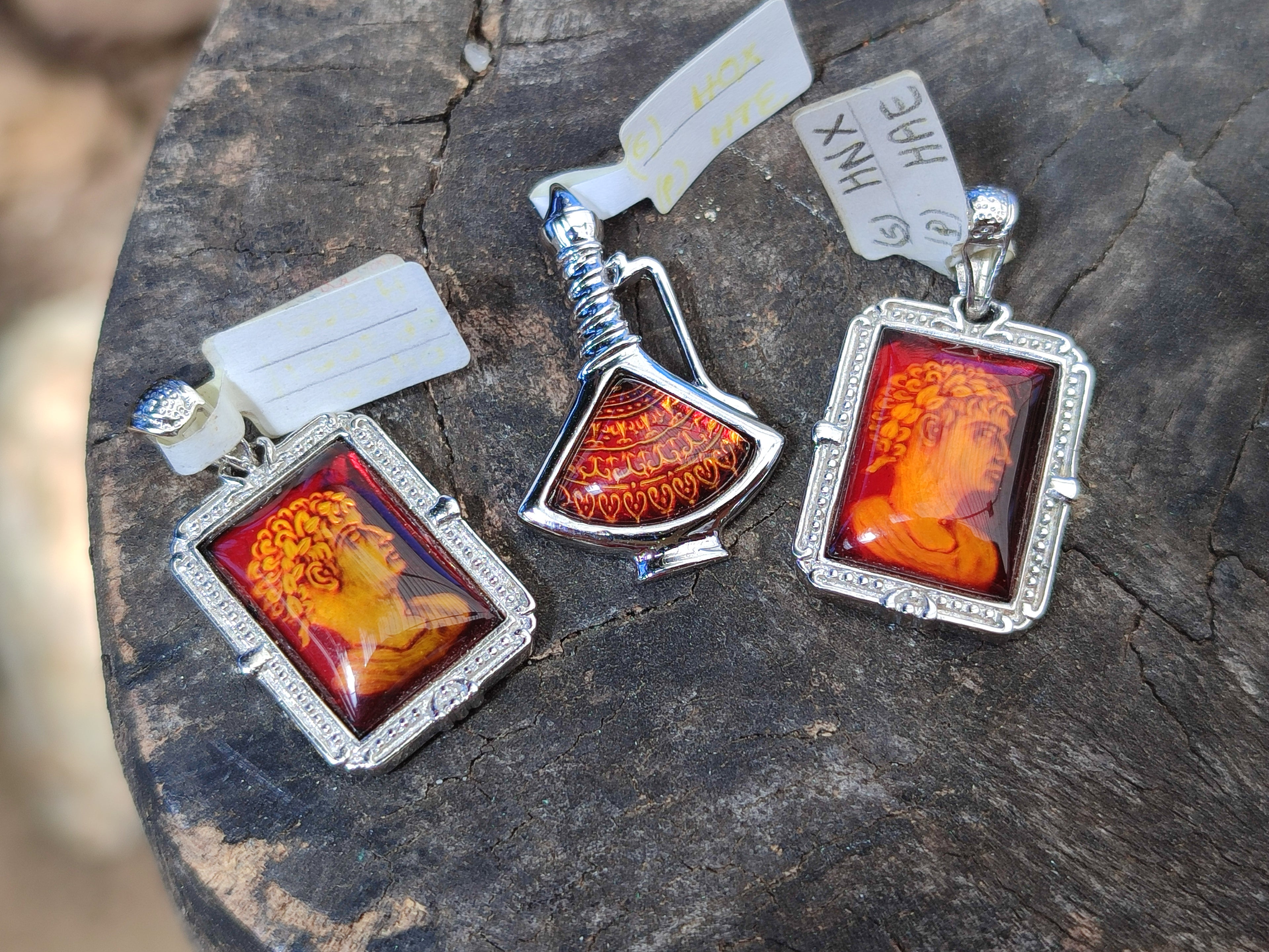 Polished Mixed Baltic Amber Pendants on Sterling Silver x 3 From Poland - Toprock Gemstones and Minerals 