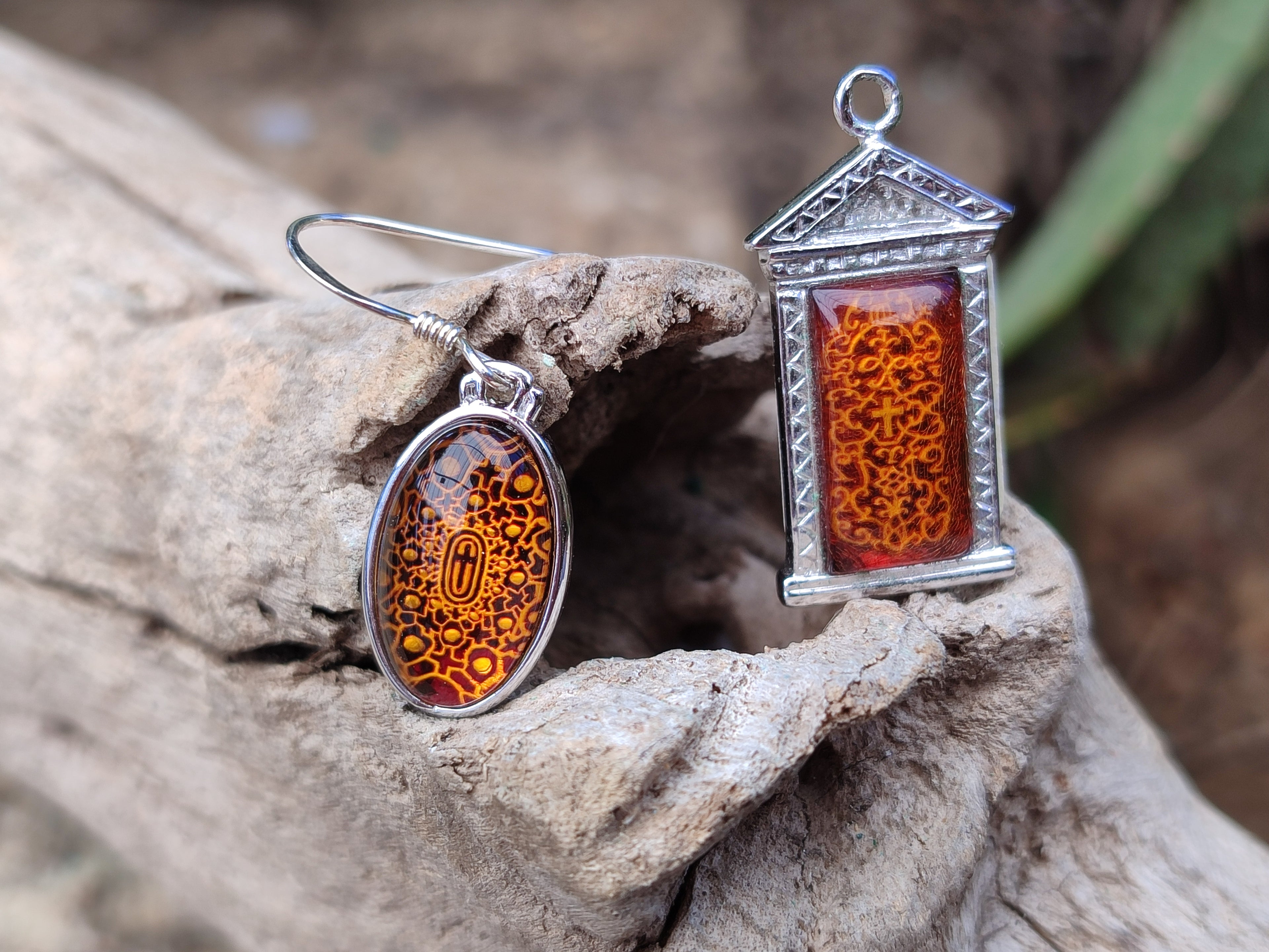 Polished Mixed Baltic Amber Earring and Pendant Sets on Sterling Silver x 7 From Poland - Toprock Gemstones and Minerals 