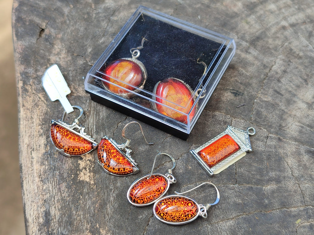 Polished Mixed Baltic Amber Earring and Pendant Sets on Sterling Silver x 7 From Poland - Toprock Gemstones and Minerals 
