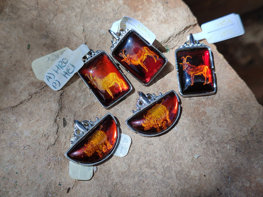 Polished Mixed Baltic Amber Pendants on Sterling Silver x 5 From Poland - Toprock Gemstones and Minerals 