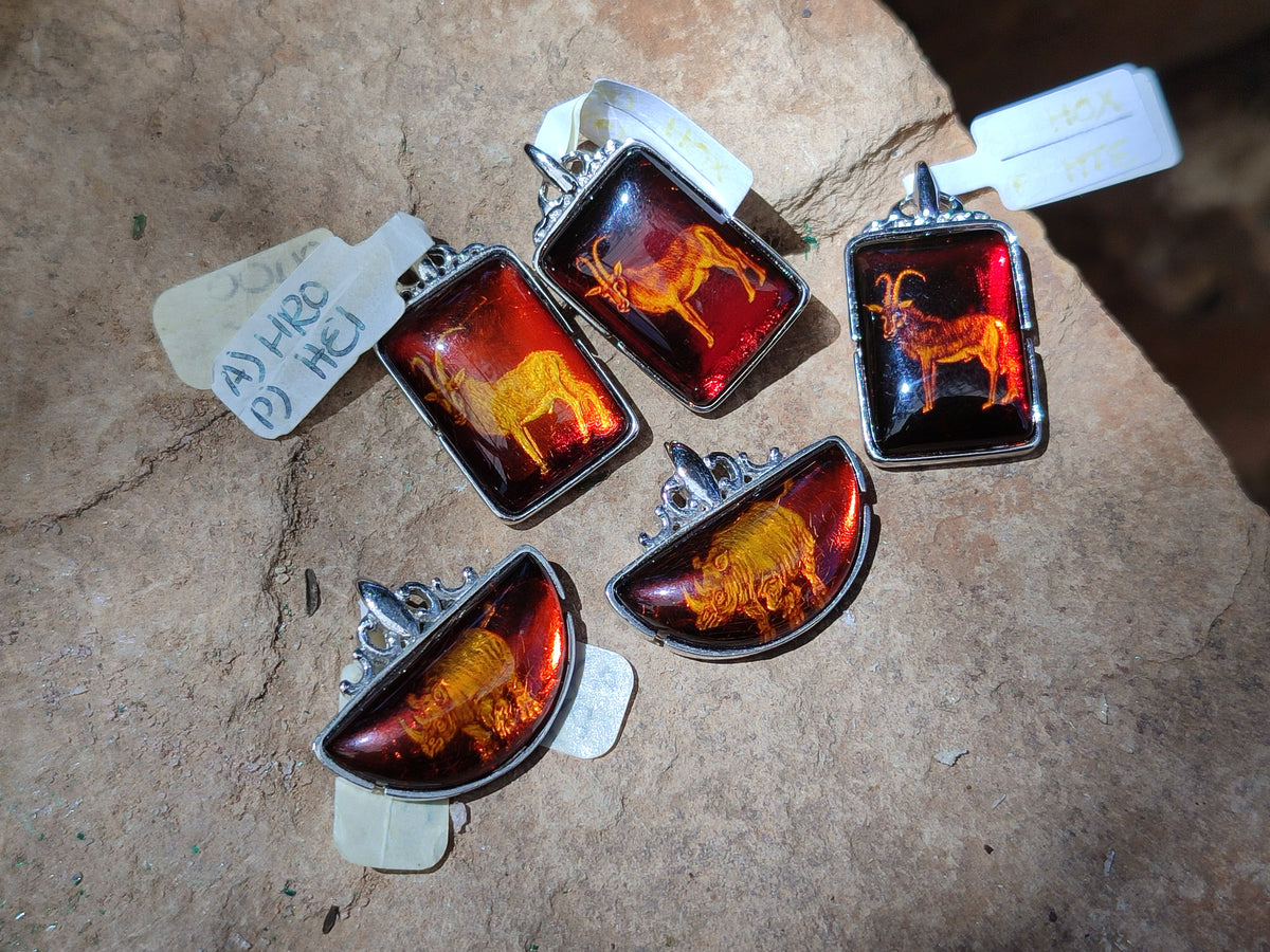 Polished Mixed Baltic Amber Pendants on Sterling Silver x 5 From Poland - Toprock Gemstones and Minerals 