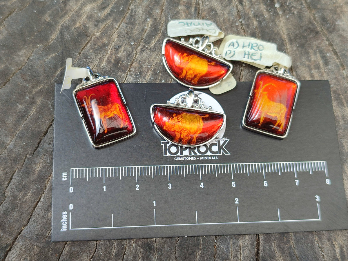 Polished Mixed Baltic Amber Pendants on Sterling Silver x 5 From Poland - Toprock Gemstones and Minerals 