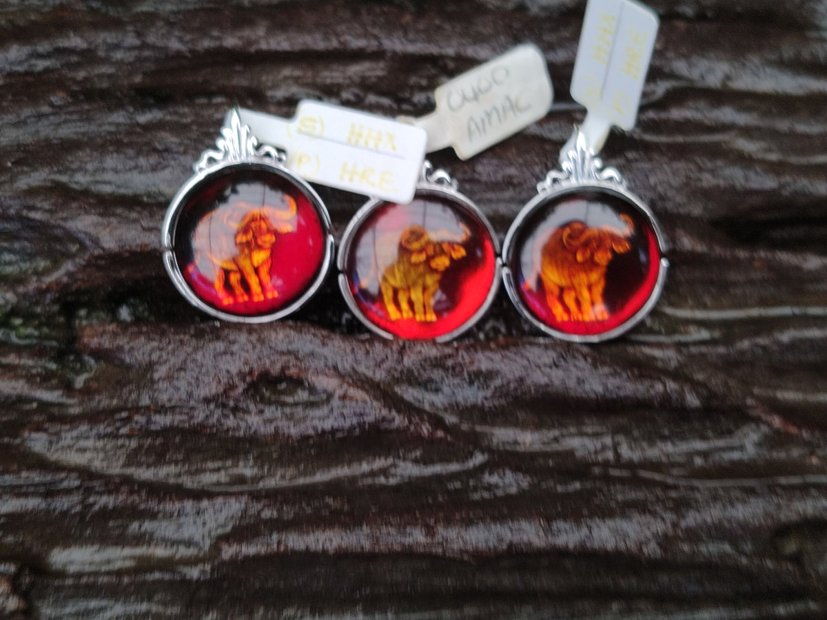 Polished Baltic Amber Buffalo Pendants on Sterling Silver x 4 From Poland - Toprock Gemstones and Minerals 