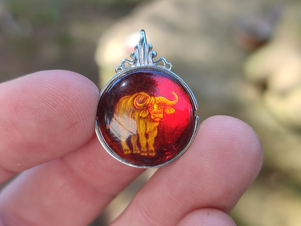 Polished Baltic Amber Buffalo Pendants on Sterling Silver x 4 From Poland - Toprock Gemstones and Minerals 