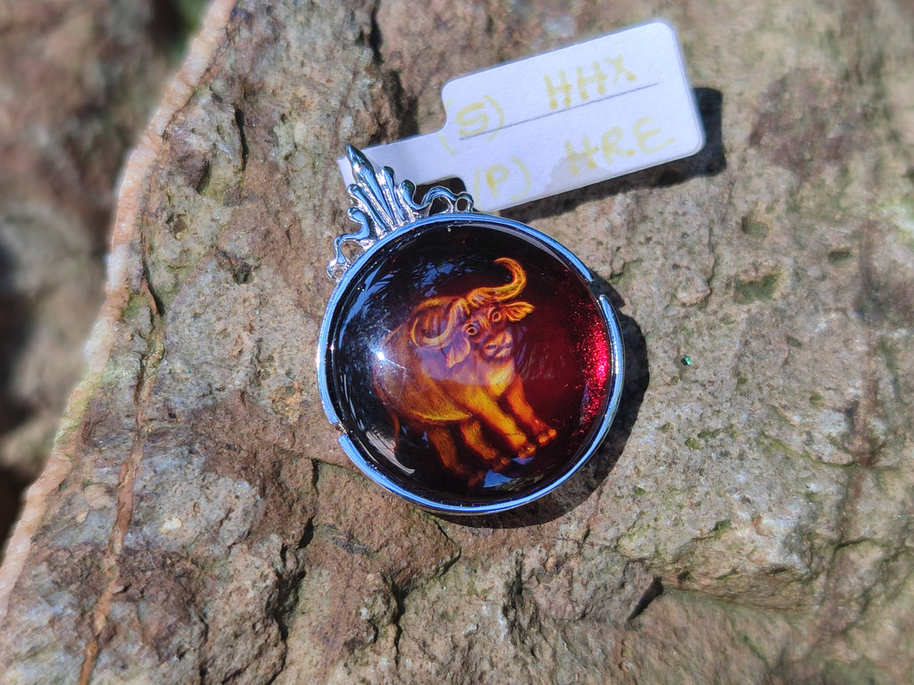 Polished Baltic Amber Buffalo Pendants on Sterling Silver x 4 From Poland - Toprock Gemstones and Minerals 