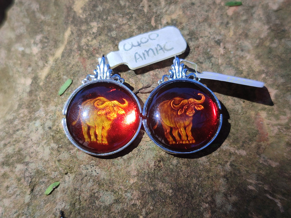 Polished Baltic Amber Buffalo Pendants on Sterling Silver x 4 From Poland - Toprock Gemstones and Minerals 