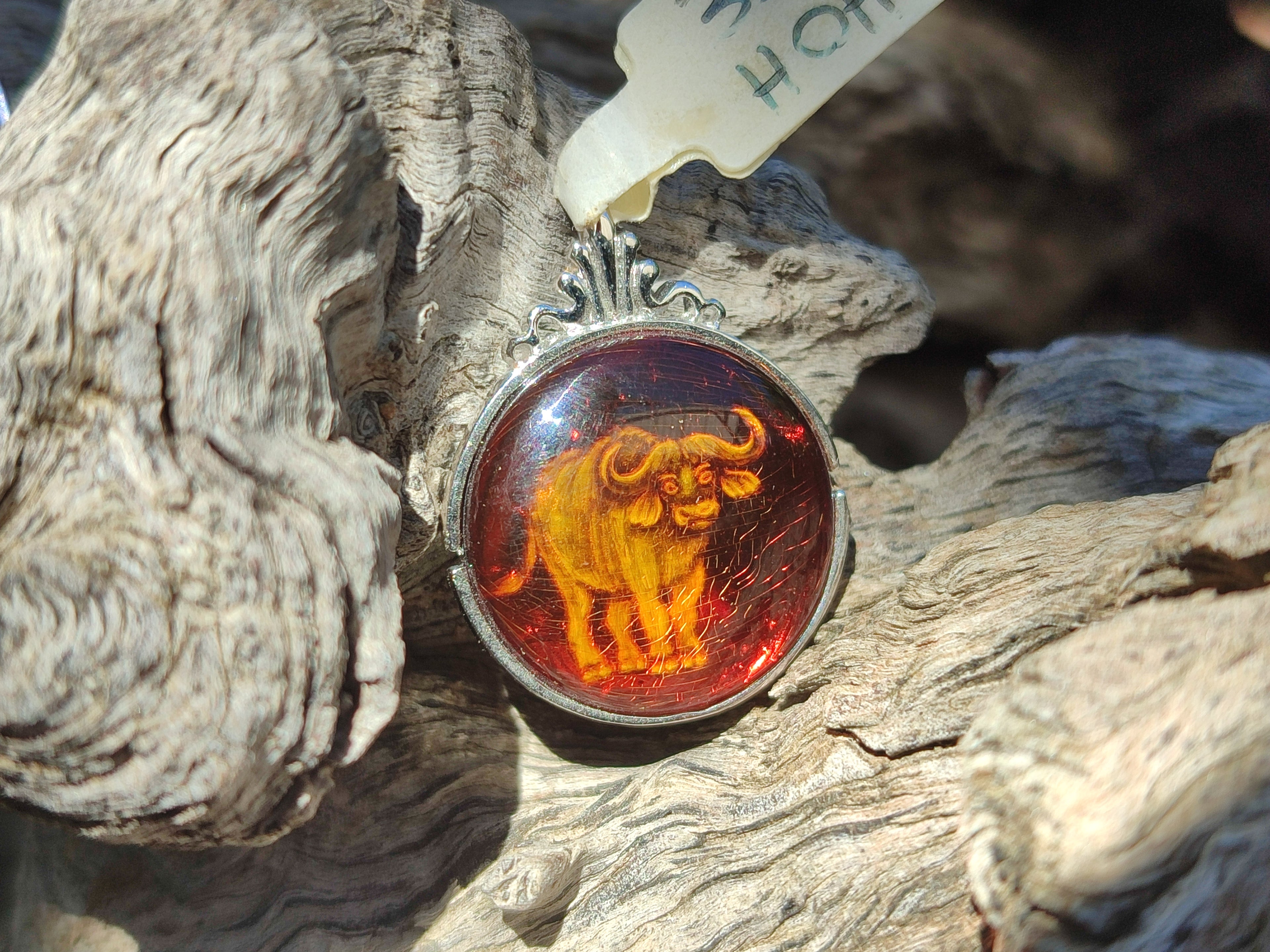 Polished Baltic Amber Buffalo Pendants on Sterling Silver x 4 From Poland - Toprock Gemstones and Minerals 