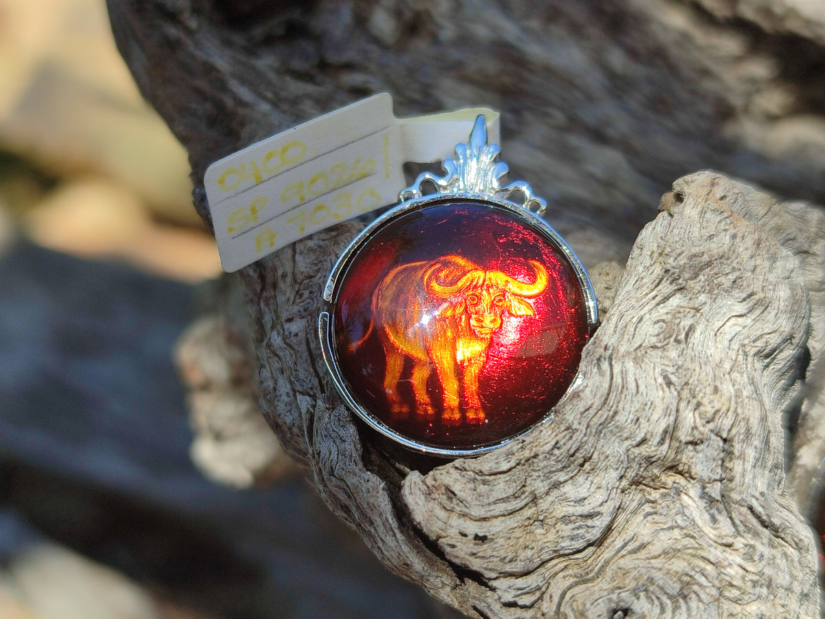 Polished Baltic Amber Buffalo Pendants on Sterling Silver x 4 From Poland - Toprock Gemstones and Minerals 