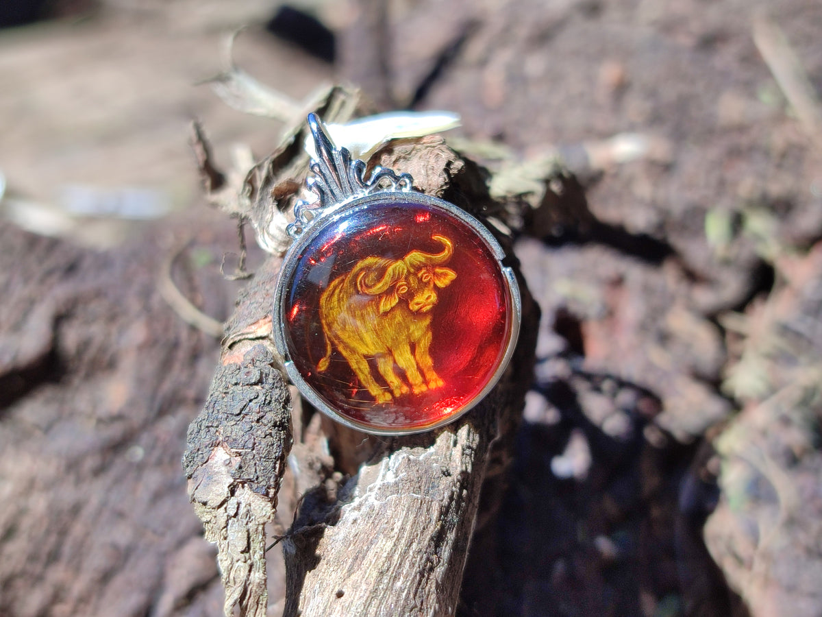 Polished Baltic Amber Buffalo Pendants on Sterling Silver x 4 From Poland - Toprock Gemstones and Minerals 