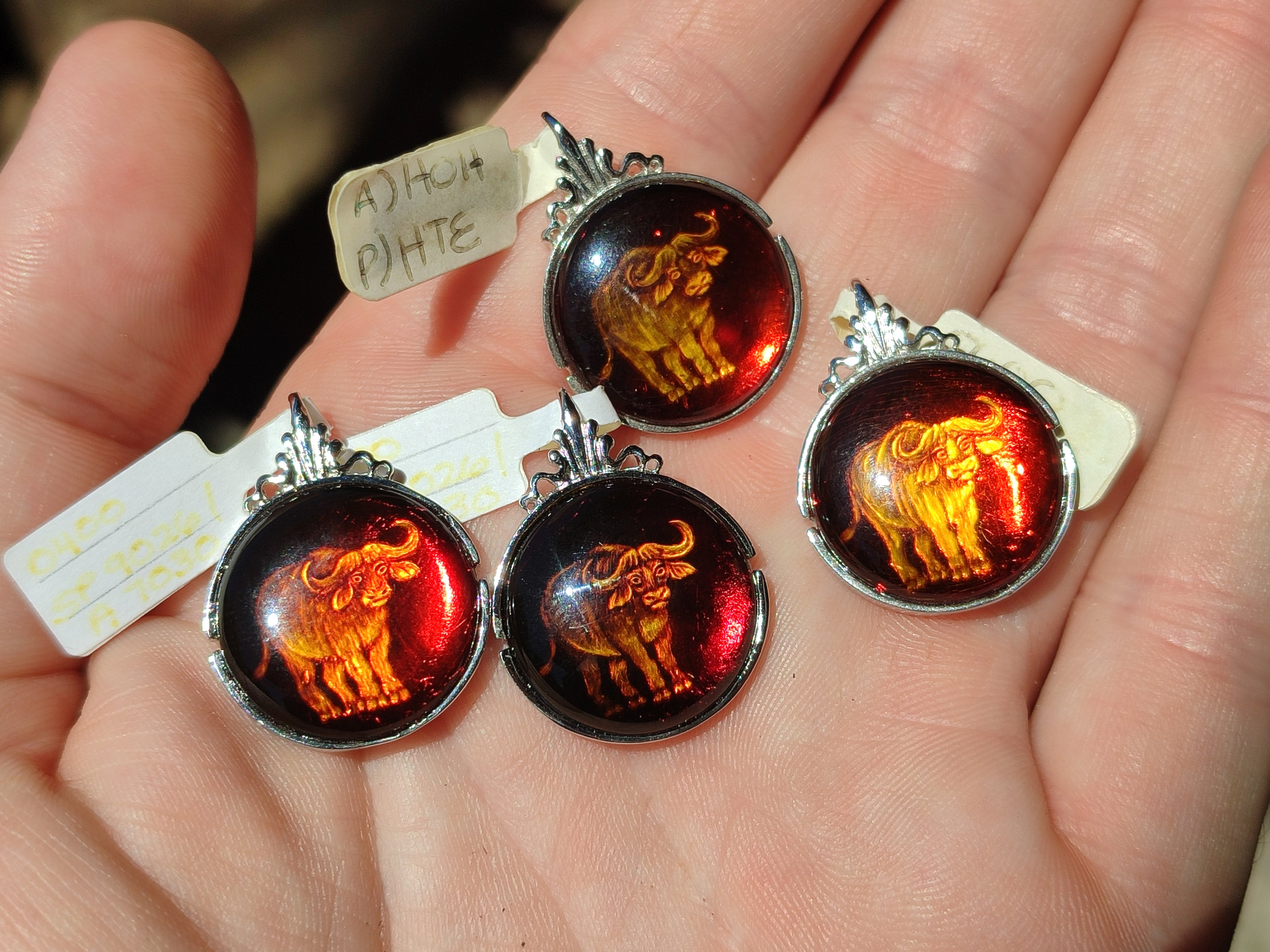 Polished Baltic Amber Buffalo Pendants on Sterling Silver x 4 From Poland - Toprock Gemstones and Minerals 