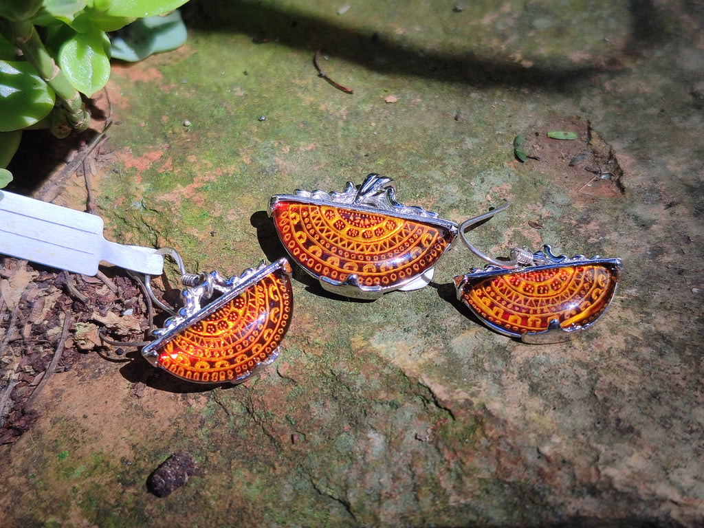 Polished Mixed Baltic Amber Earring and Pendant Sets on Sterling Silver x 2 Sets From Poland - Toprock Gemstones and Minerals 