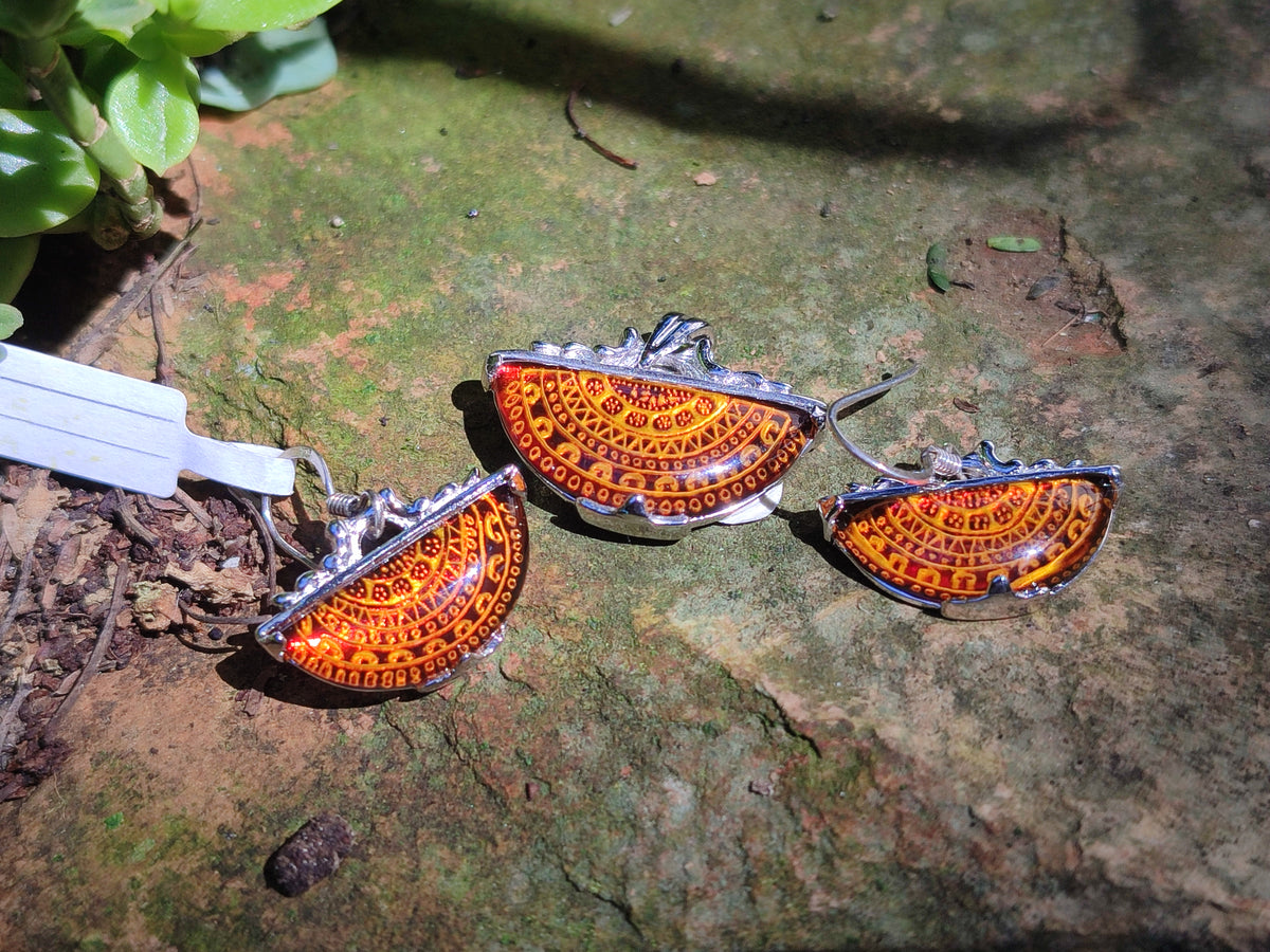 Polished Mixed Baltic Amber Earring and Pendant Sets on Sterling Silver x 2 Sets From Poland - Toprock Gemstones and Minerals 