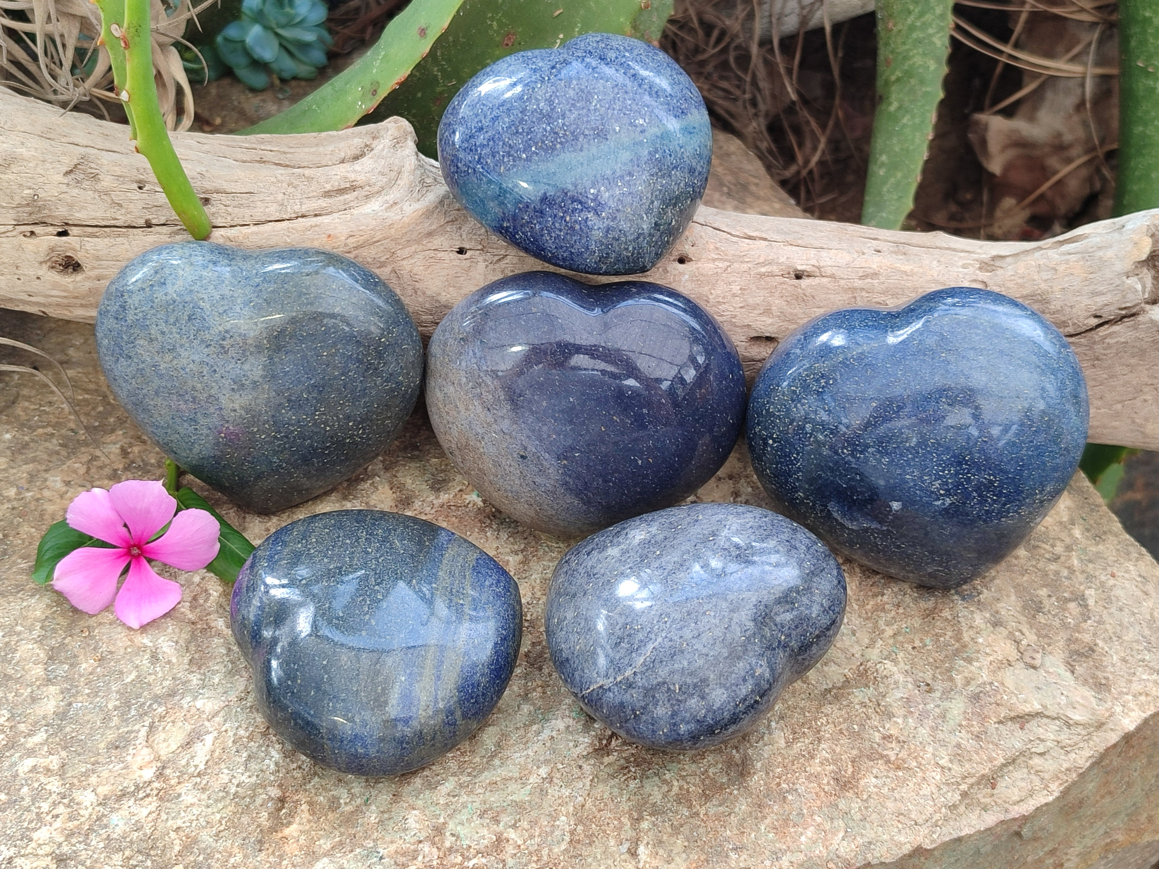 Polished Lazulite Hearts x 6 From Madagascar - Toprock Gemstones and Minerals 