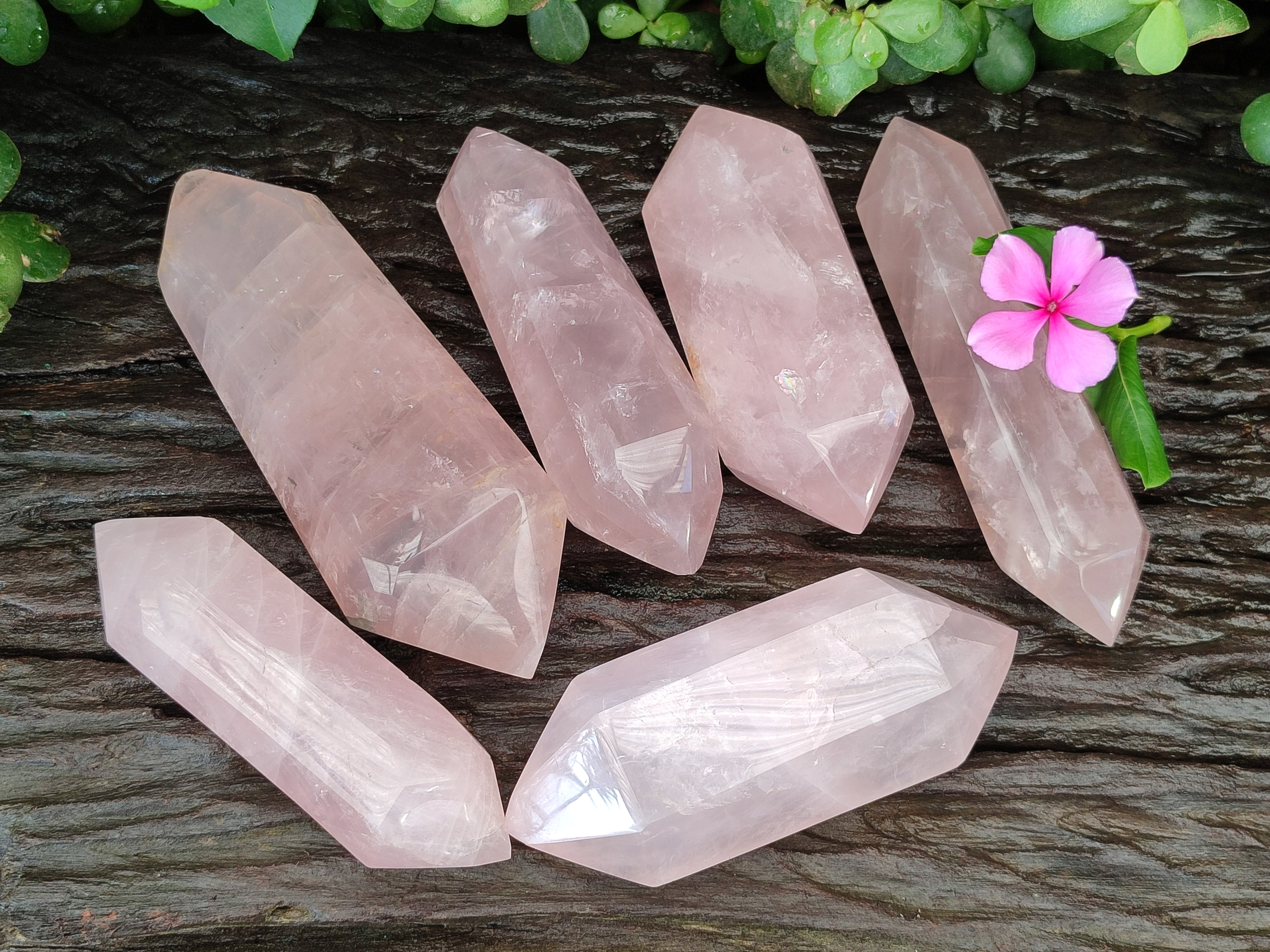 Polished Double Terminated Rose Quartz Points x 6 From Ambatondrazaka, Madagascar - Toprock Gemstones and Minerals 