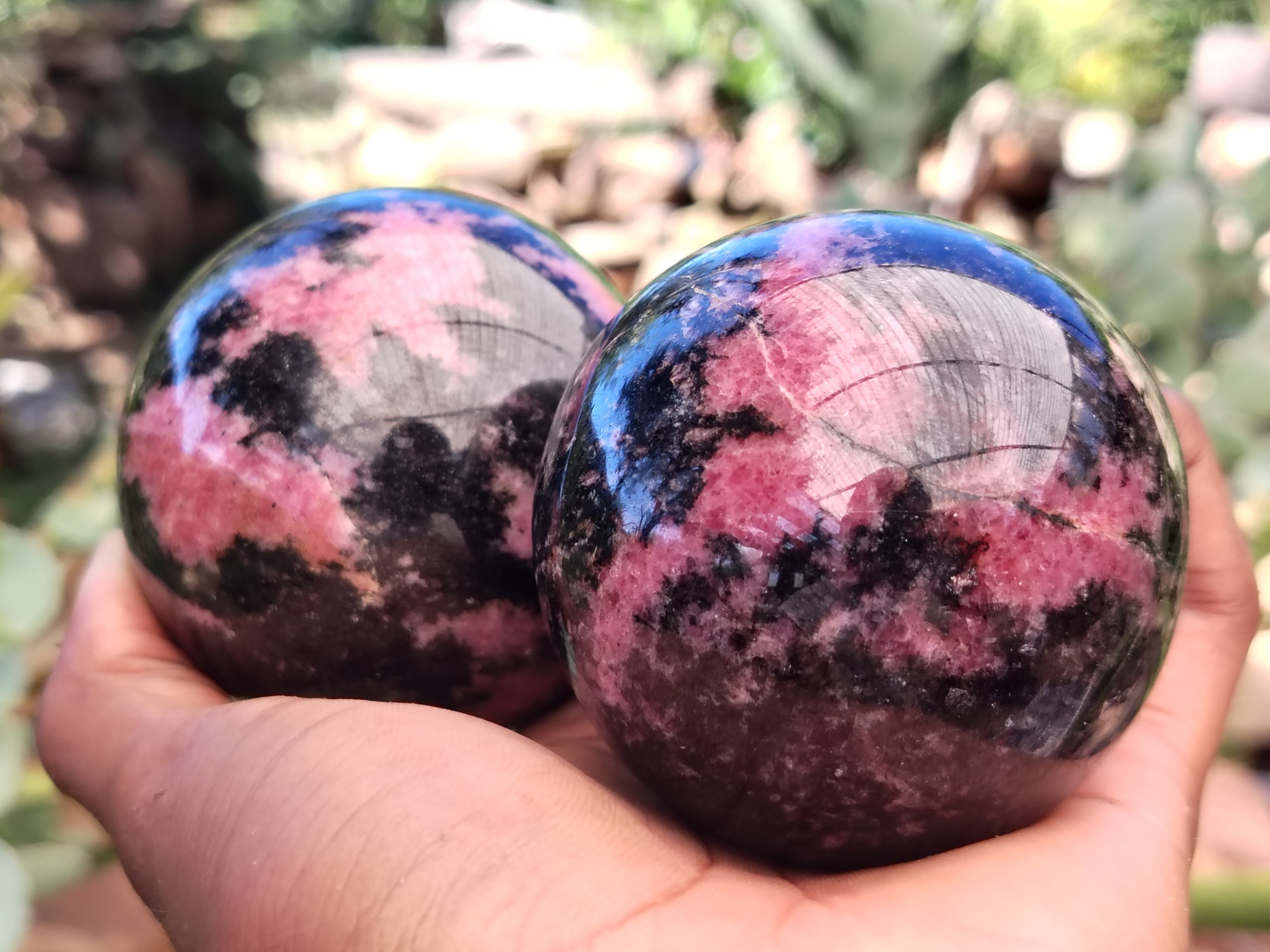 Polished Rhodonite Sphere x 3 From Ambindavato, Madagascar - Toprock Gemstones and Minerals 