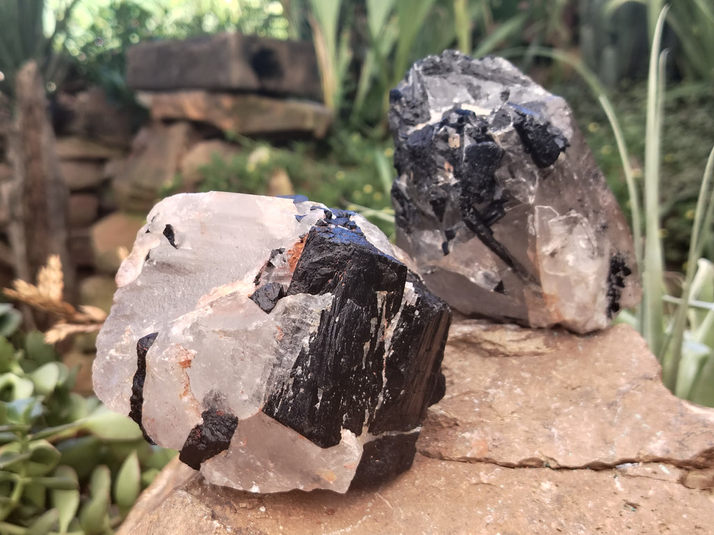 Natural Black Tourmaline On Quartz Matrix Specimens x 2 From Zimbabwe - Toprock Gemstones and Minerals 
