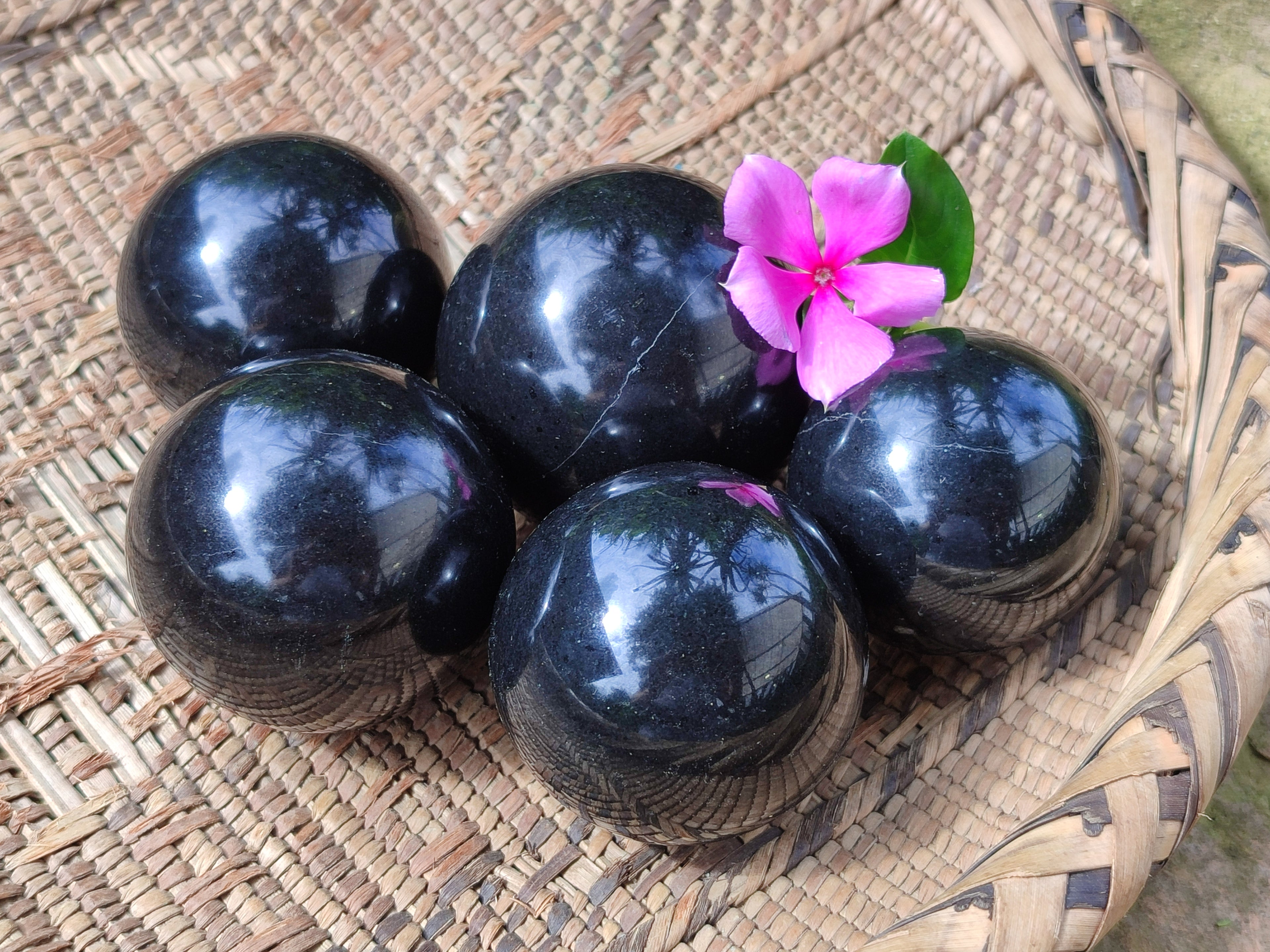 Polished Black Basalt Spheres x 5 From Antsirabe, Madagascar - Toprock Gemstones and Minerals 